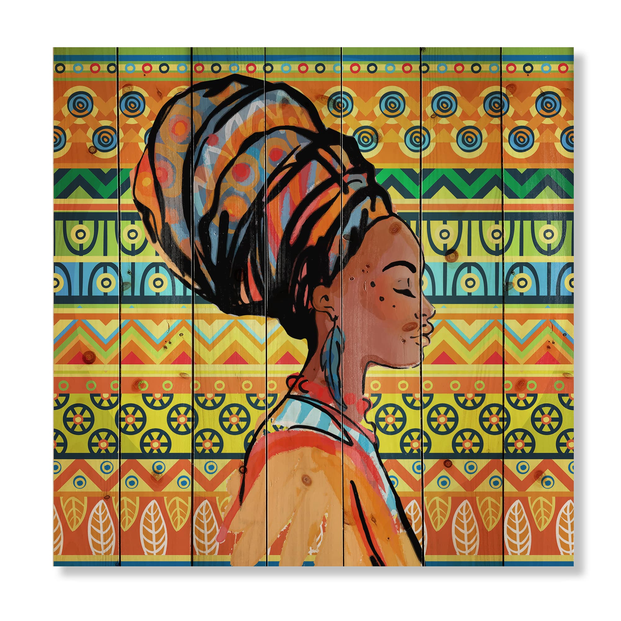 Designart - African American Woman with Turban III - Modern Print on Natural Pine Wood