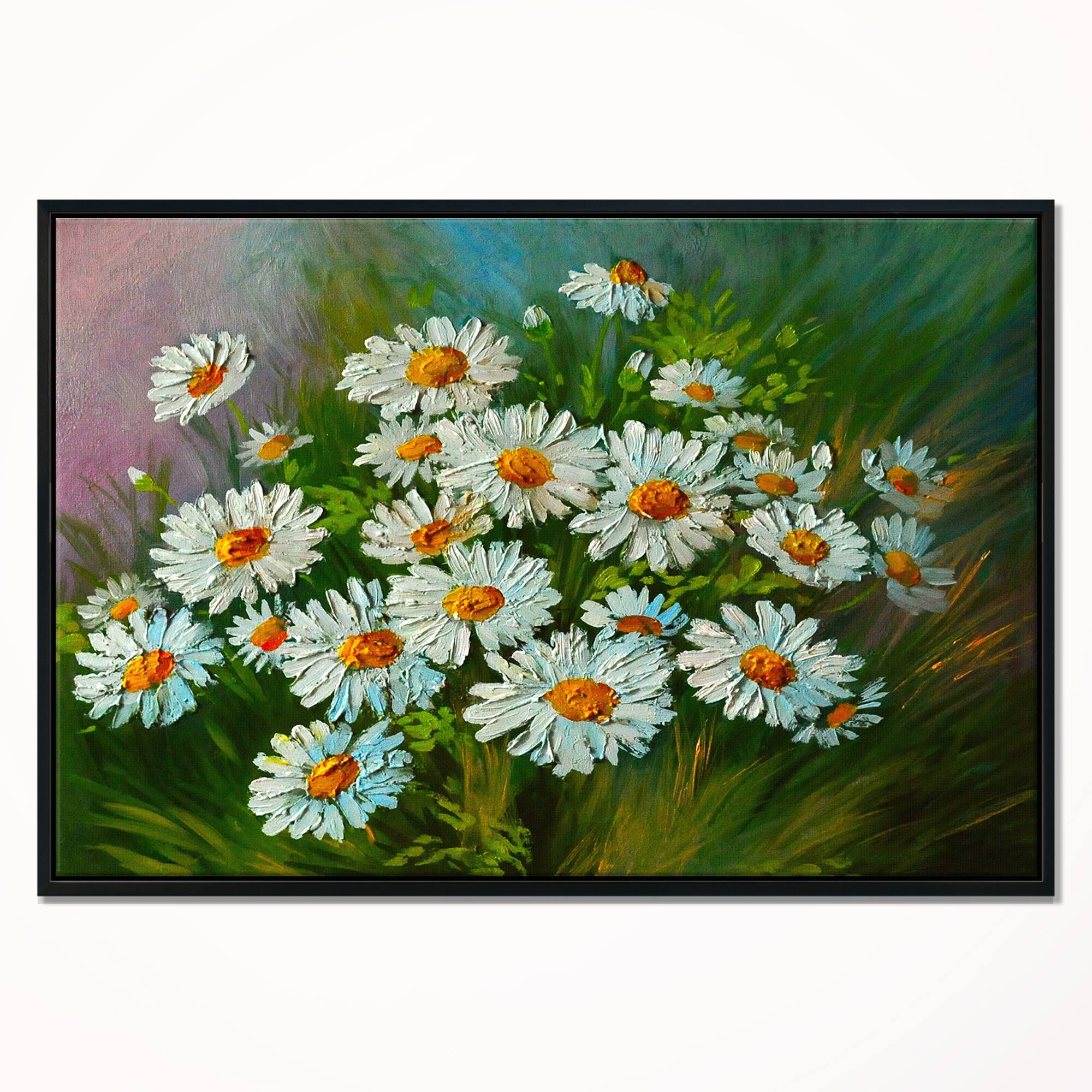 Designart - Heavily Textured Daisies Art - Floral Art Canvas Print in Black Frame