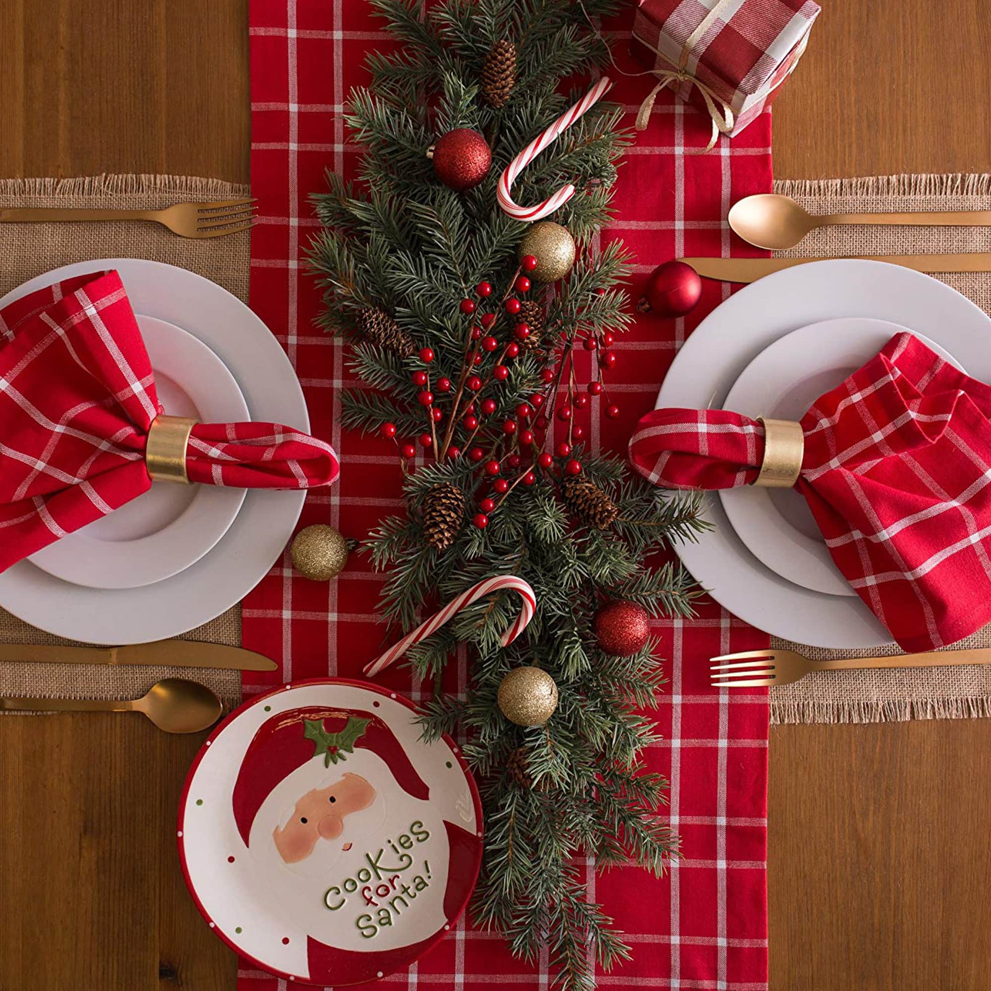 DII&#xAE; 108&#x22; Holly Berry Plaid Table Runner