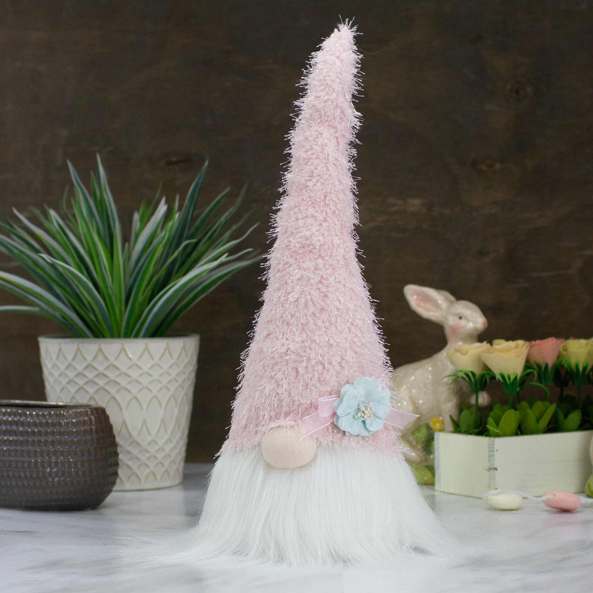 16&#x22; Pink &#x26; White Easter Gnome Head with Blue Flower