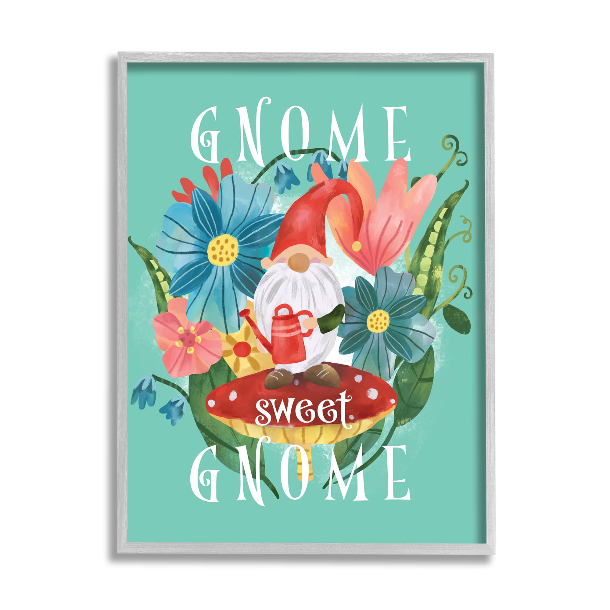 Stupell Industries Gnome Sweet Gnome Phrase Spring Floral Mushroom Garden Framed Wall Art