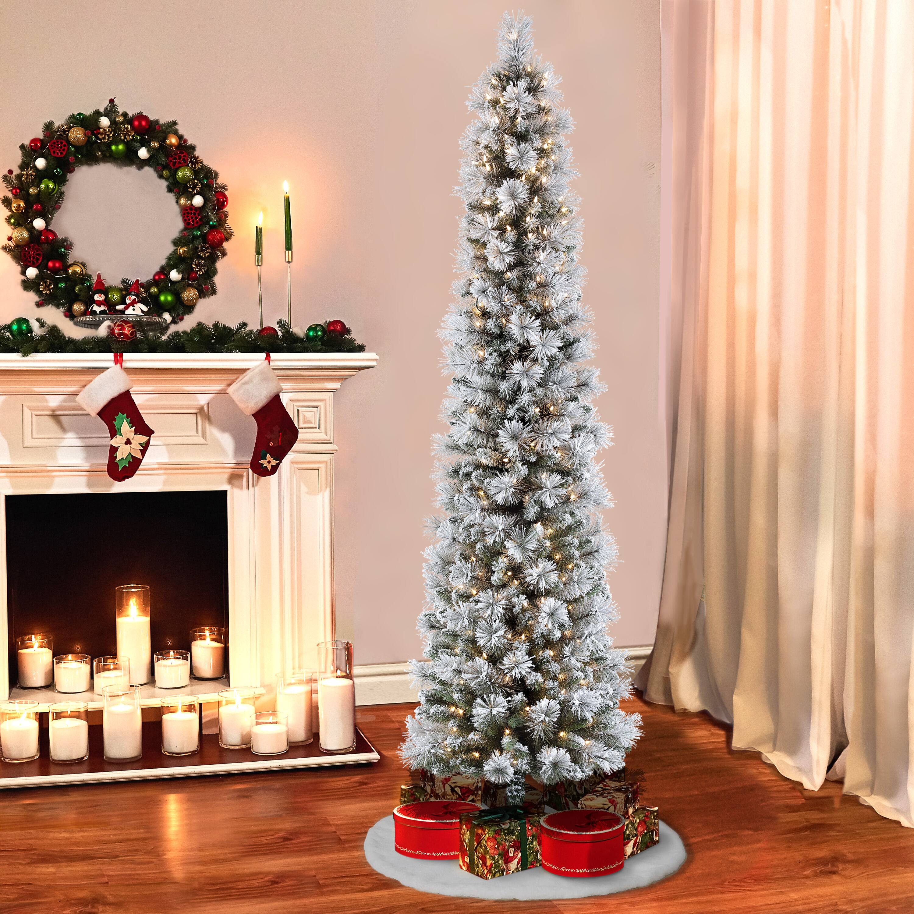 6.5ft. Pre-Lit Flocked Pine Pencil Artificial Tree, Warm White LED Lights