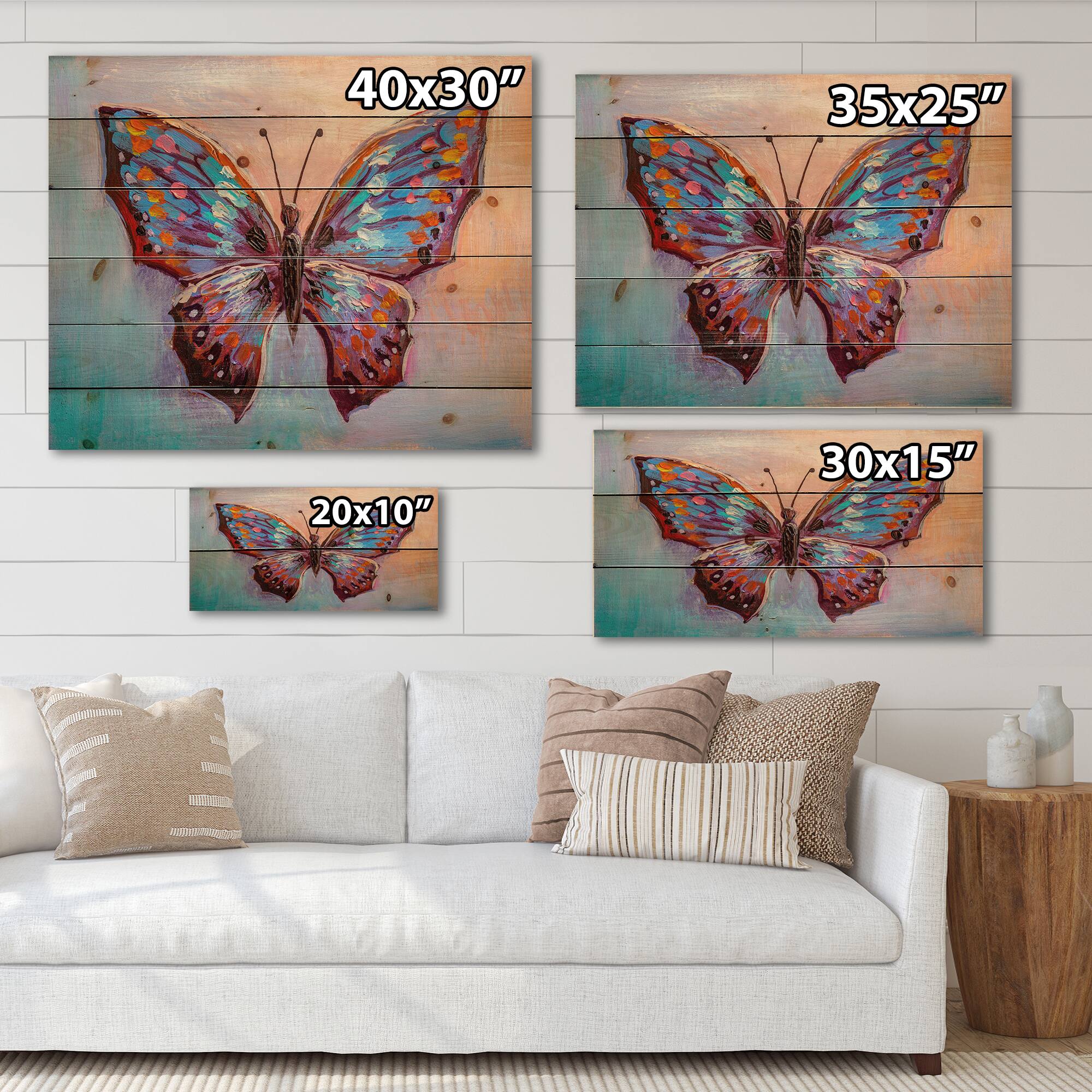Designart - Vintage Blue Butterfly II - Modern Print on Natural Pine Wood