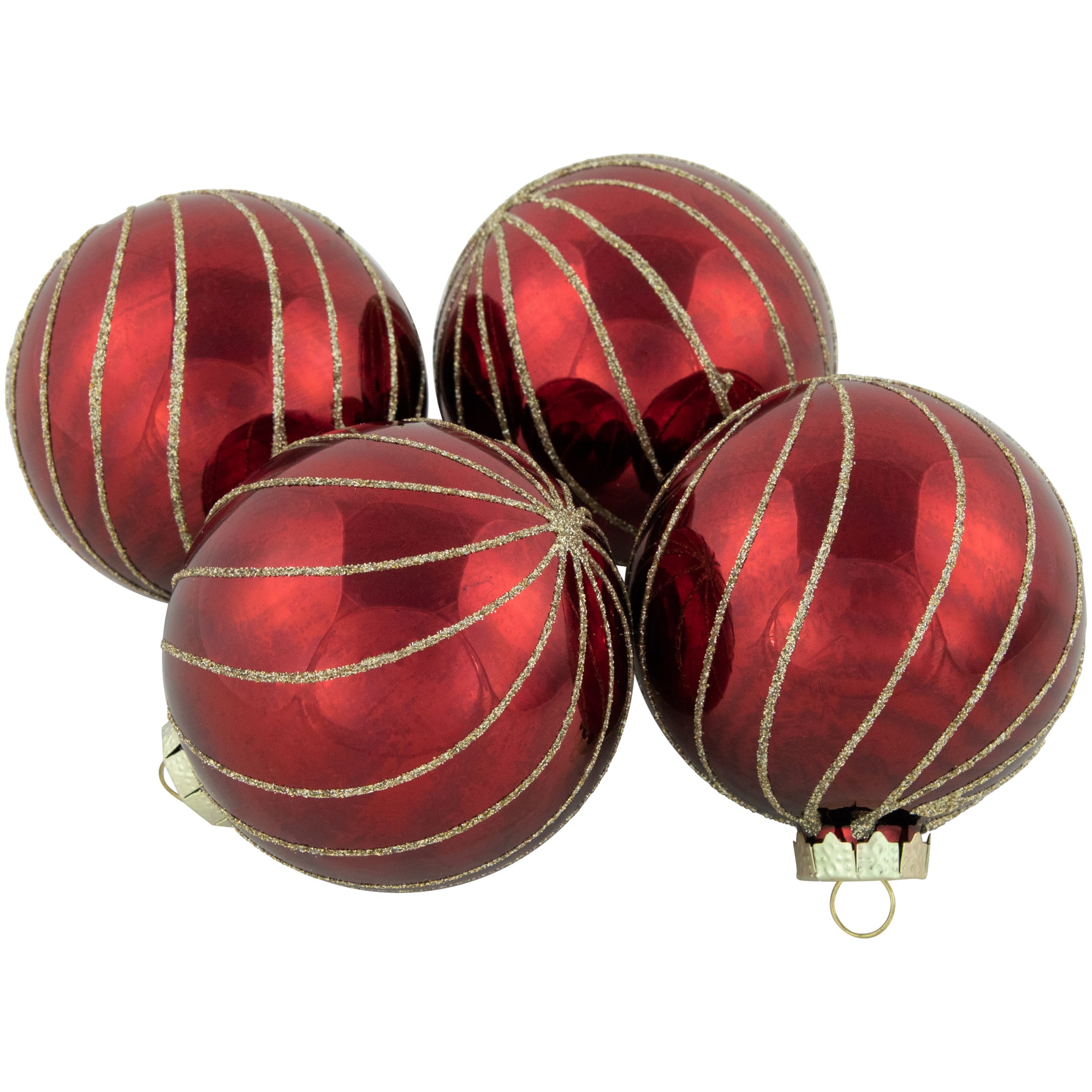 4ct. 3" Burgundy Red and Gold Glitter Striped Glass Christmas Ball Ornaments