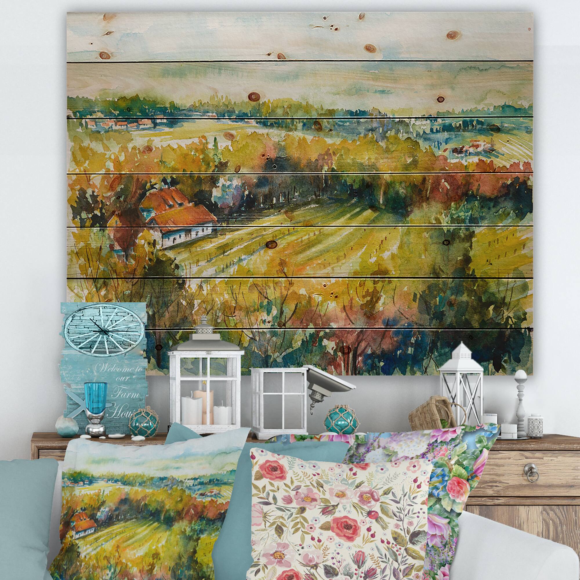 Designart - Rural Autumn Landscape - Country Print on Natural Pine Wood