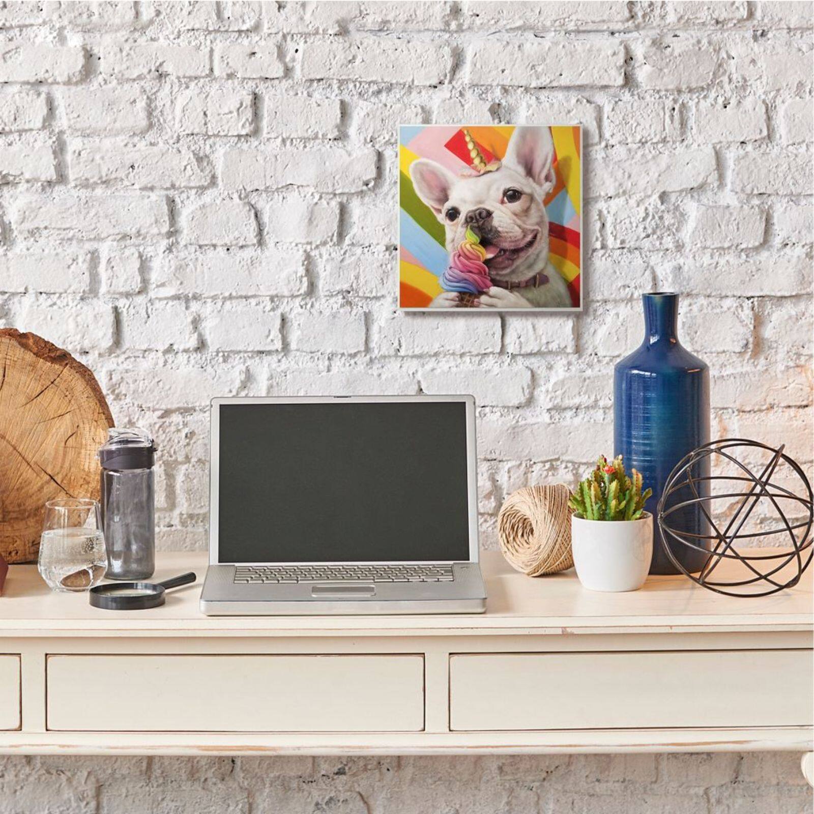 Stupell Industries Rainbow French Bulldog Unicorn with Ice Cream Wall Art