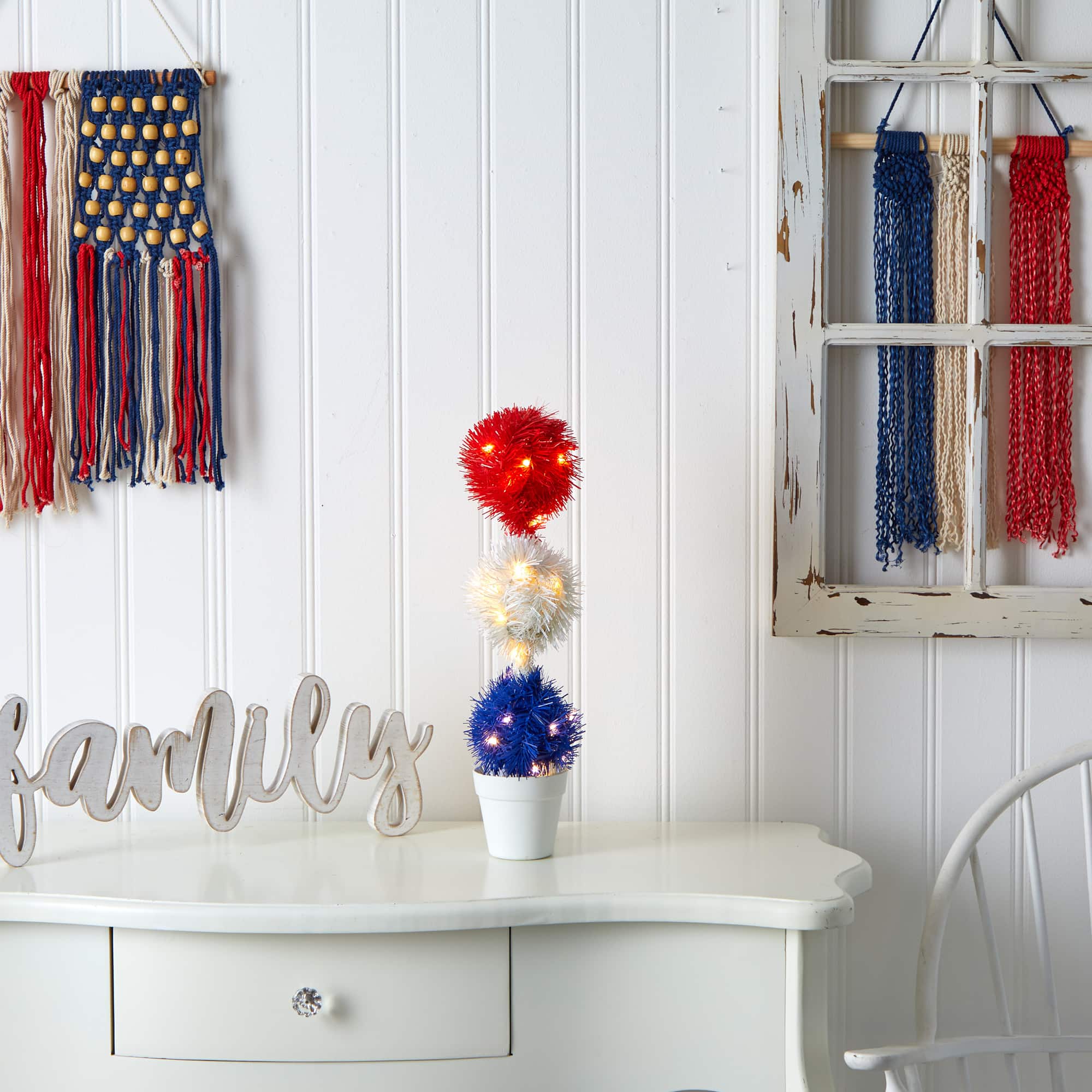 18" Red, White & Blue Americana Topiary Plant with 35 Warm LED Lights