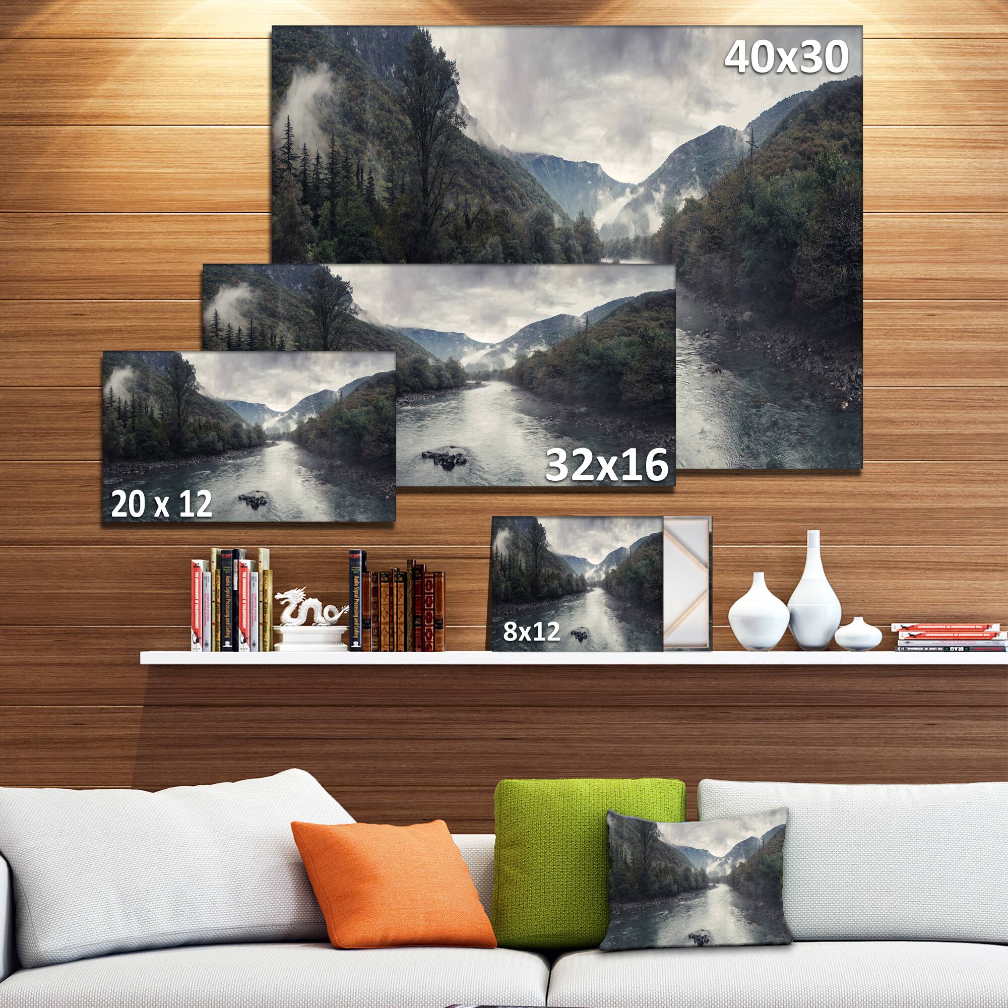 Designart - Mountain River with Fog and Rain - Modern Seascape Canvas Artwork