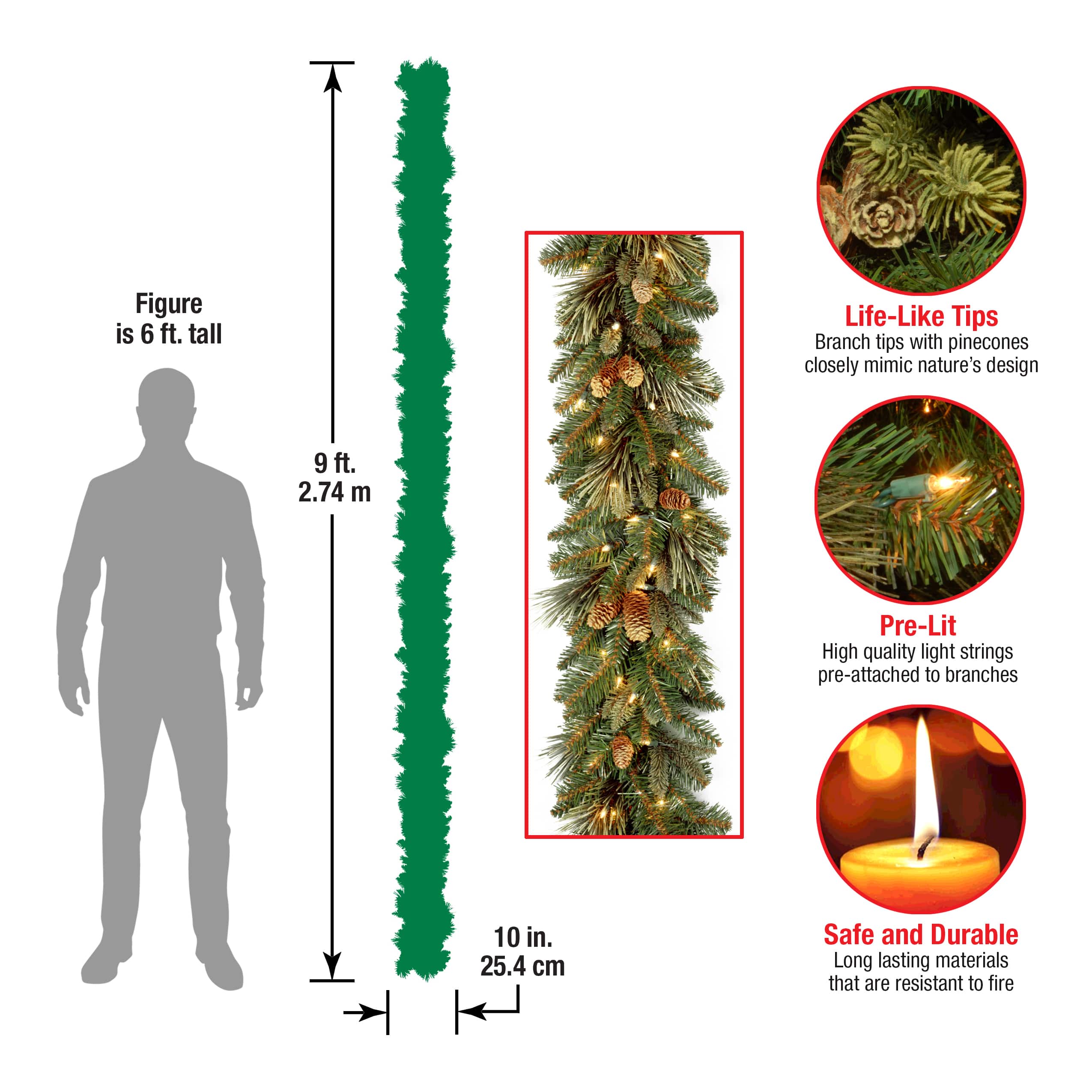 9' x 10" Pre-lit Carolina Pine Artificial Christmas Garland with 27 Flocked Cones and 100 Clear Lights