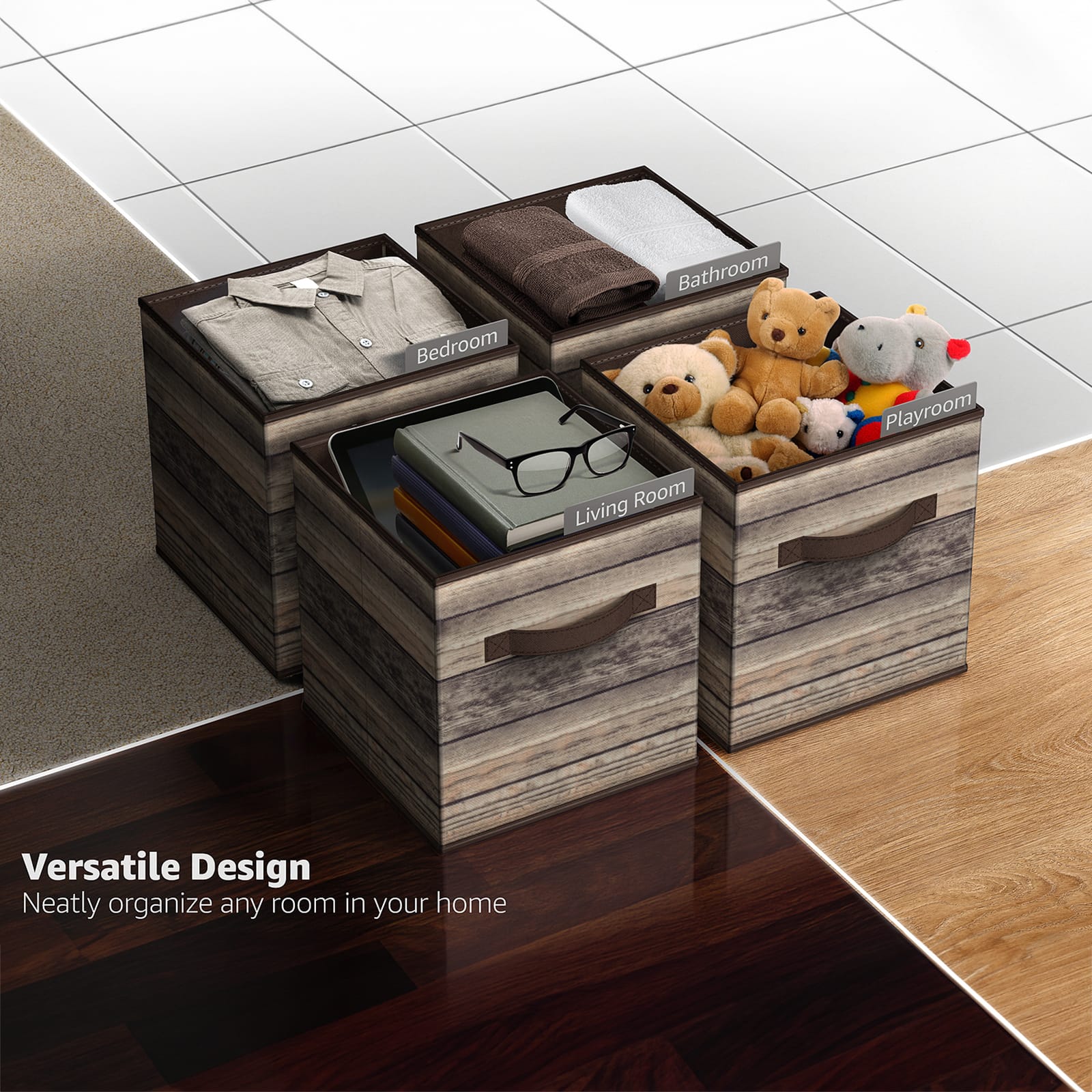 Sorbus 11&#x22; Brown Wood Pattern Foldable Storage Cubes, 4ct.