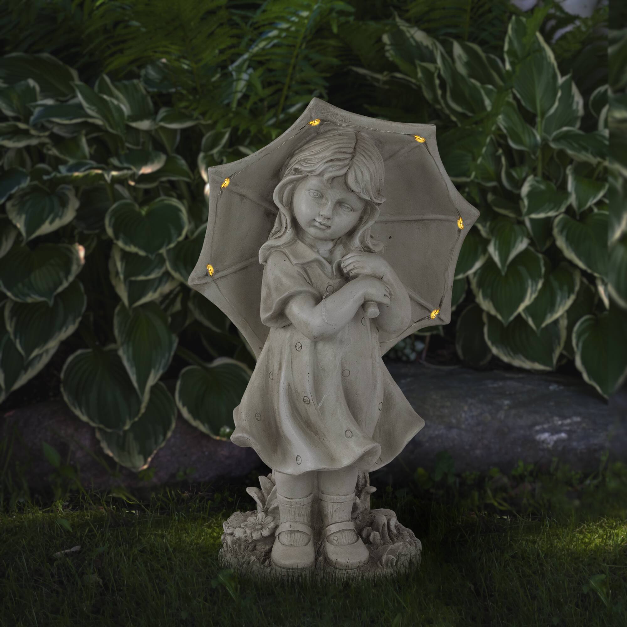 18" Solar LED-Lit Girl with Umbrella Outdoor Garden Statue