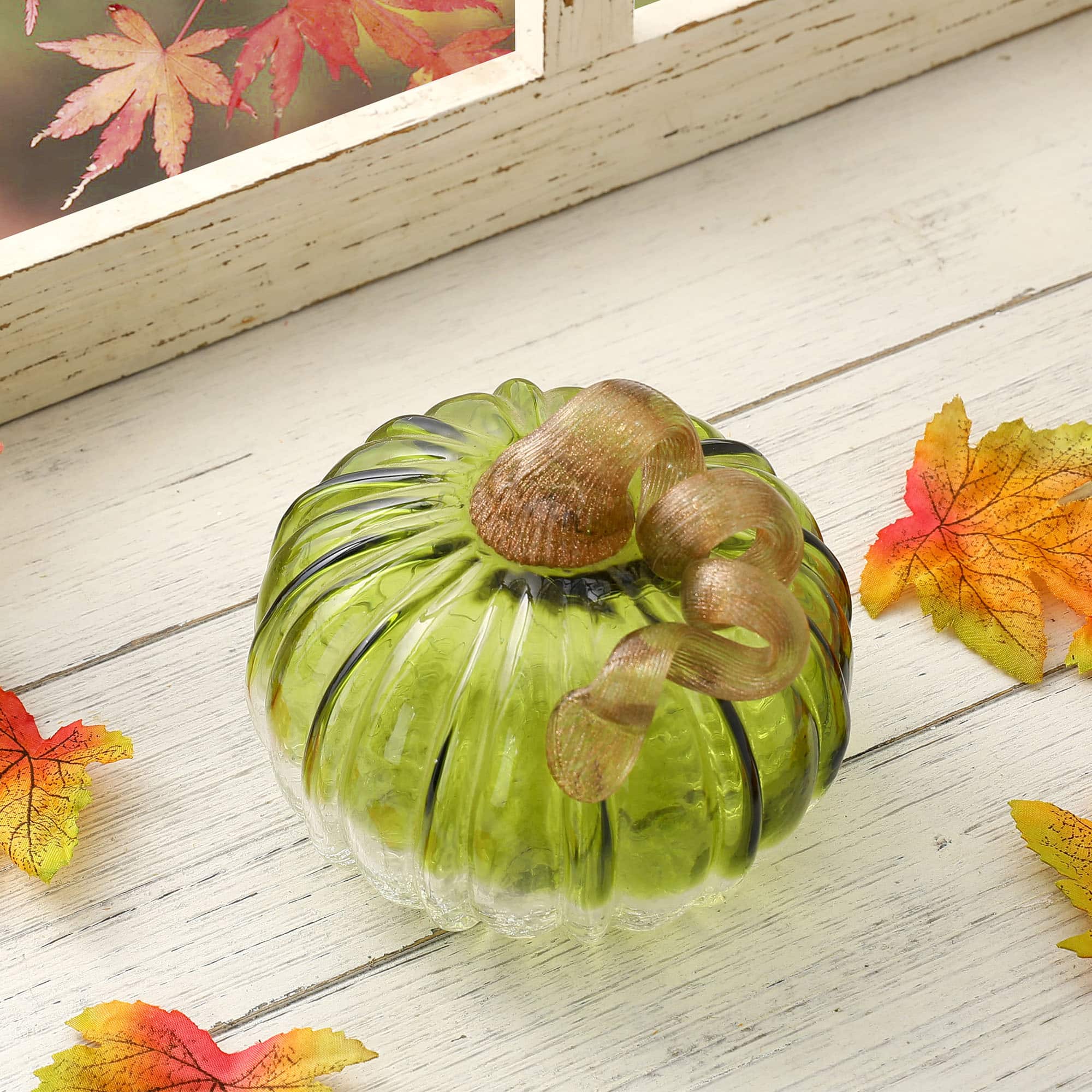Glitzhome&#xAE; Short Crackle Glass Pumpkin, Green