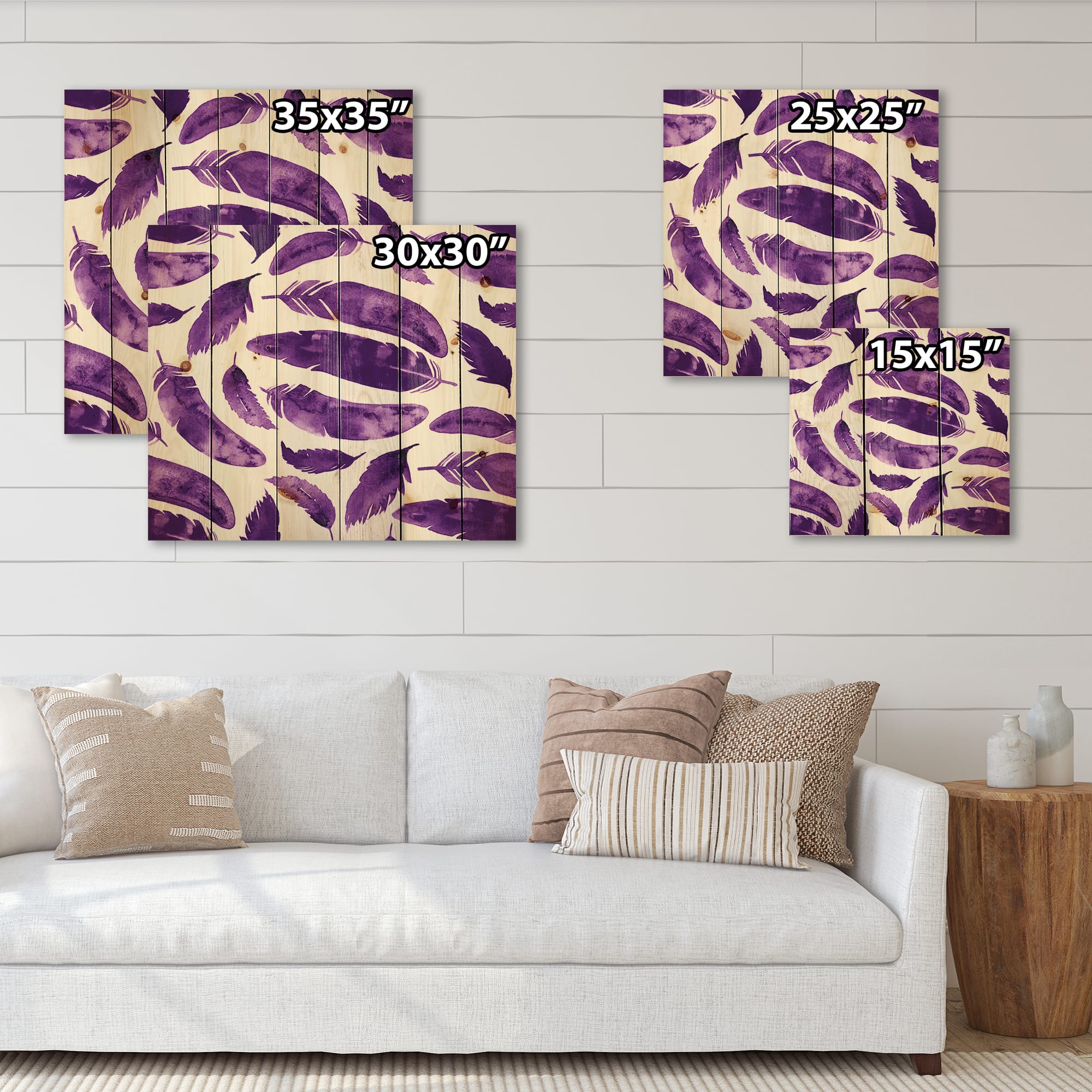 Designart - Ethnic VIolet Feathers - Bohemian &#x26; Eclectic Print on Natural Pine Wood