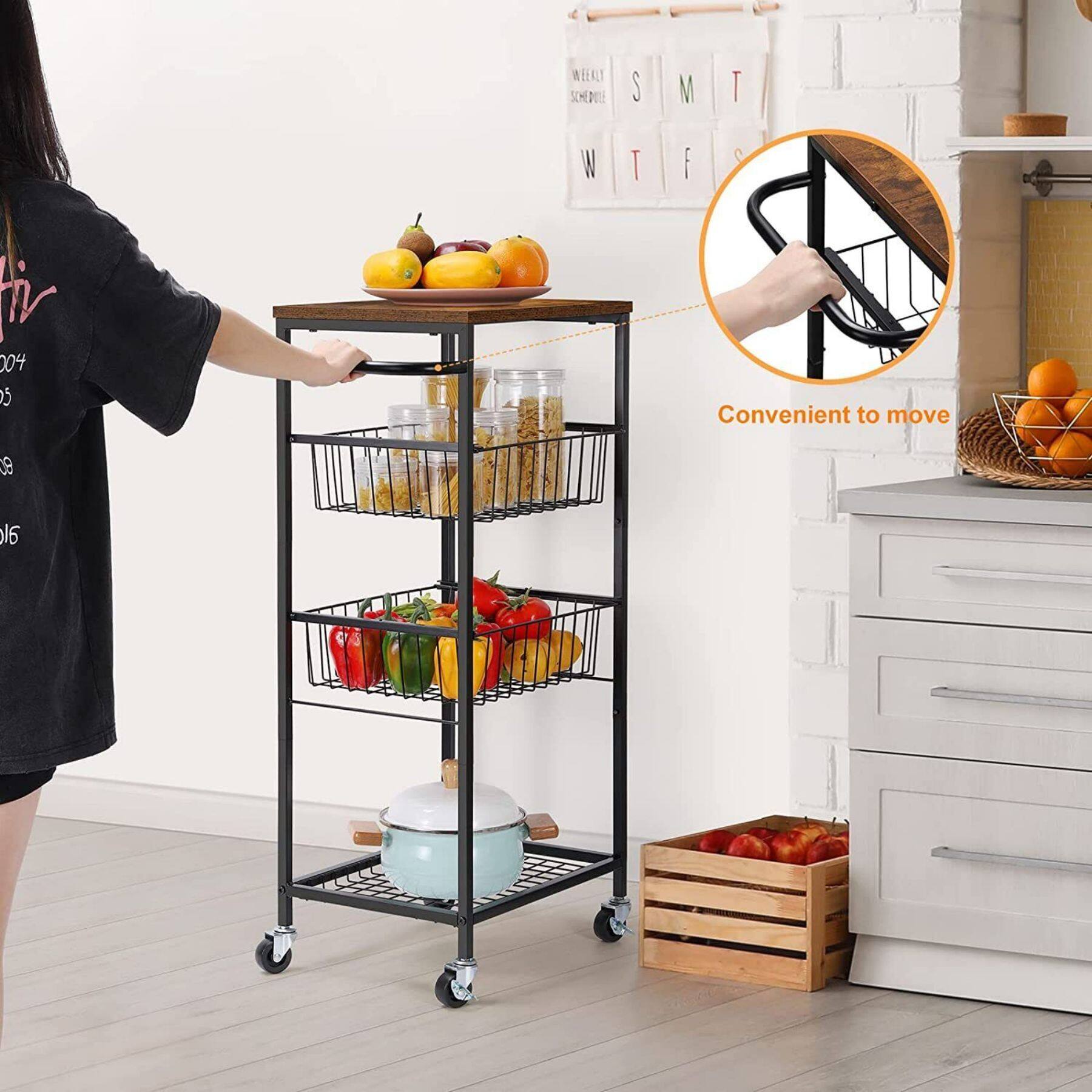 Black 4-Tier Rolling Cart with Storage Basket Shelf