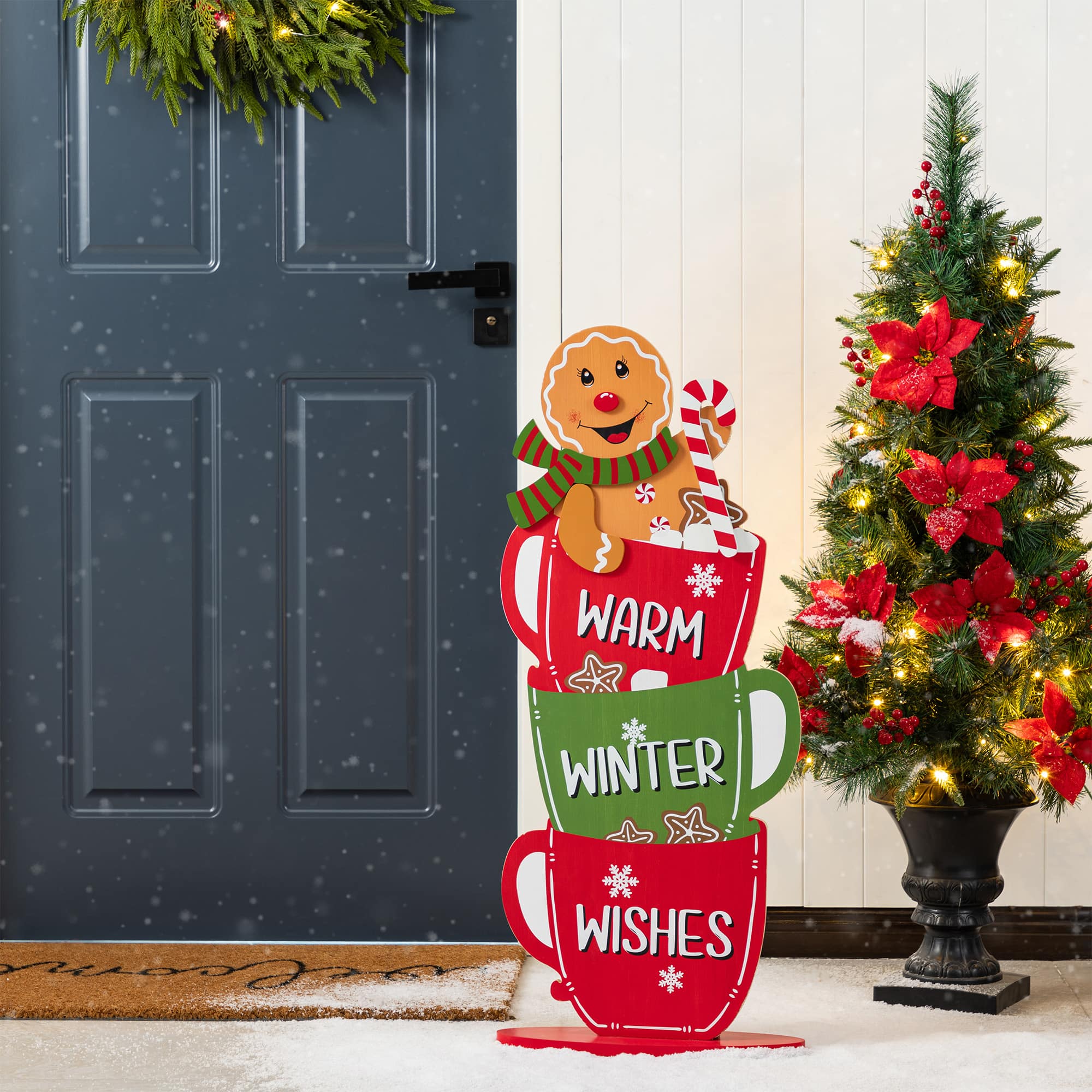 Glitzhome&#xAE; 34.5&#x22; Wooden Christmas Gingerbread Man on Coffee Cup Porch Decor