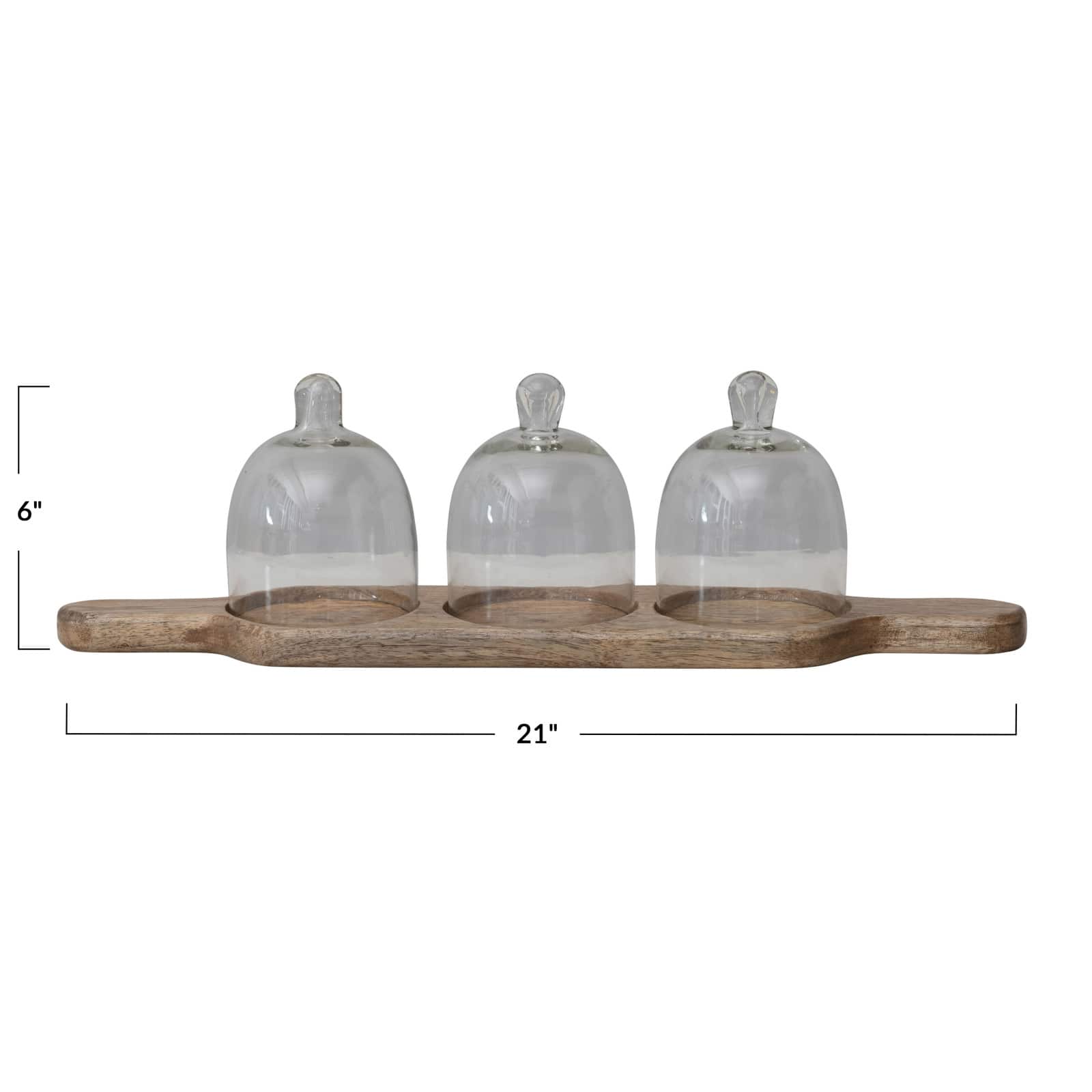 Hello Honey&#xAE; Mango Wood Serving Tray with 3 Glass Cloches Set