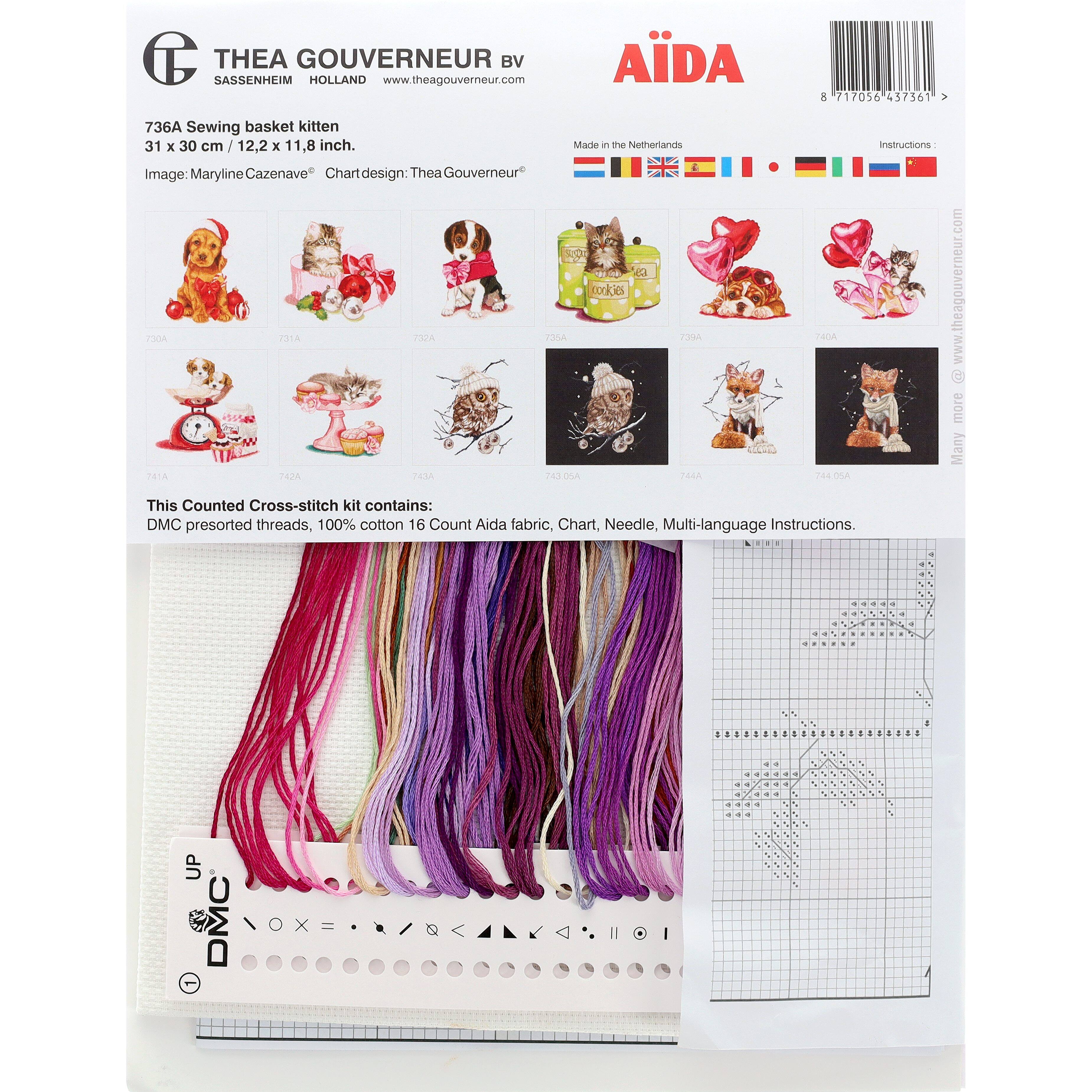 Thea Gouverneur Sewing Basket Kitten Cross Stitch Kit