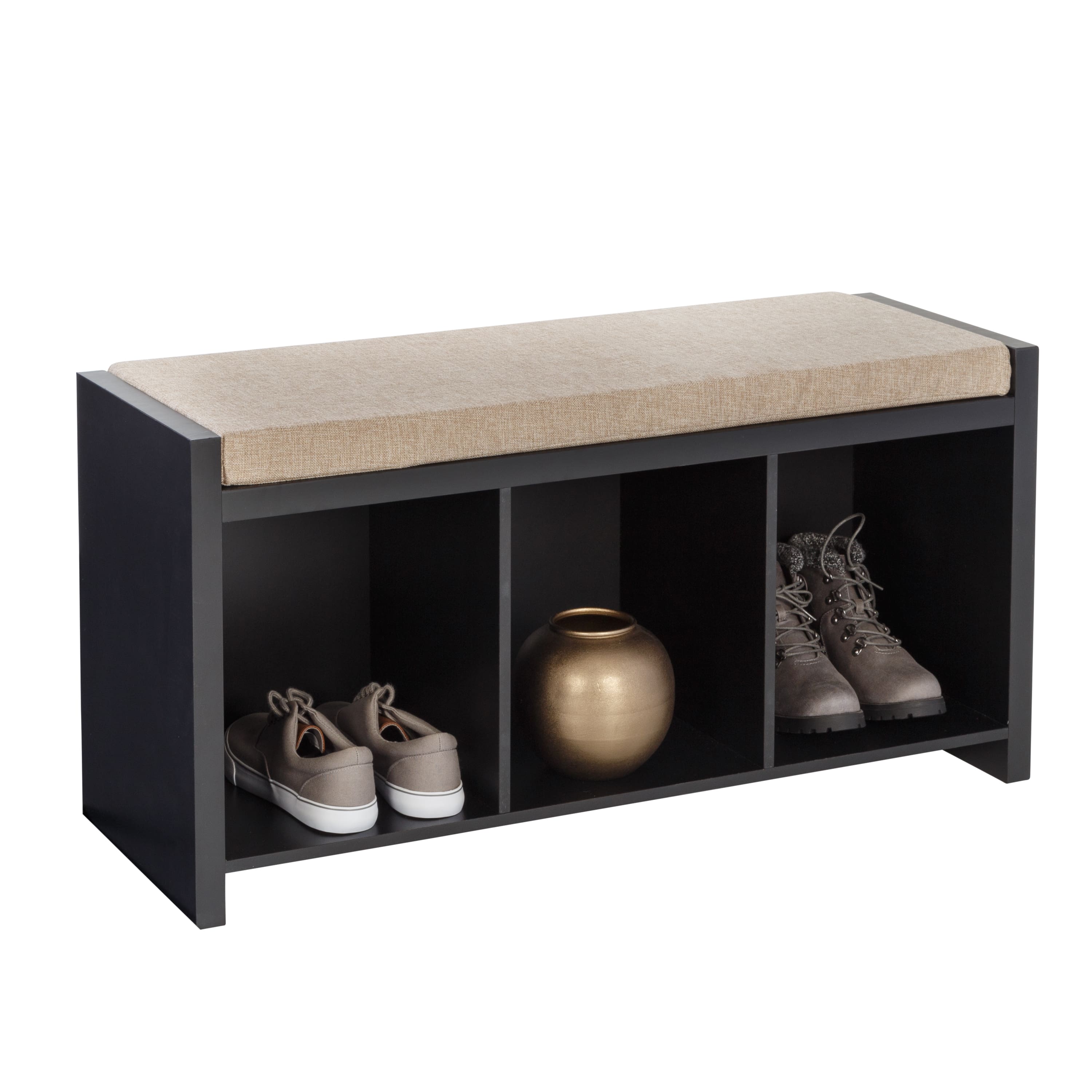 Honey Can Do Black 3-Cube Storage Bench with Cushion and Cubby Holes