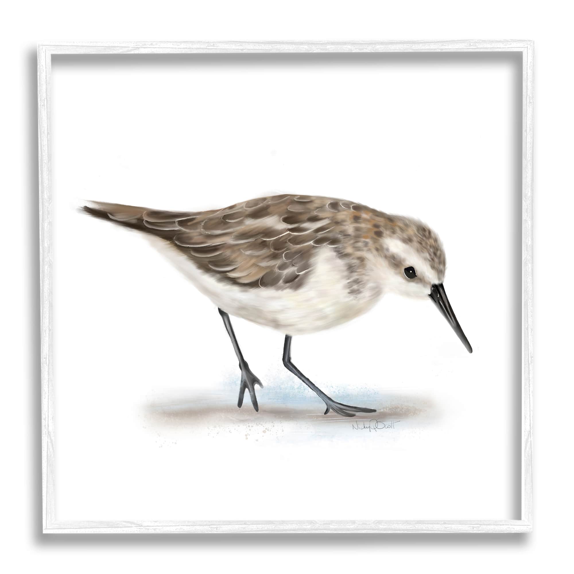 Stupell Industries Charming Sandpiper on Soft Sand Brown Nautical Bird in White Frame Wall Art