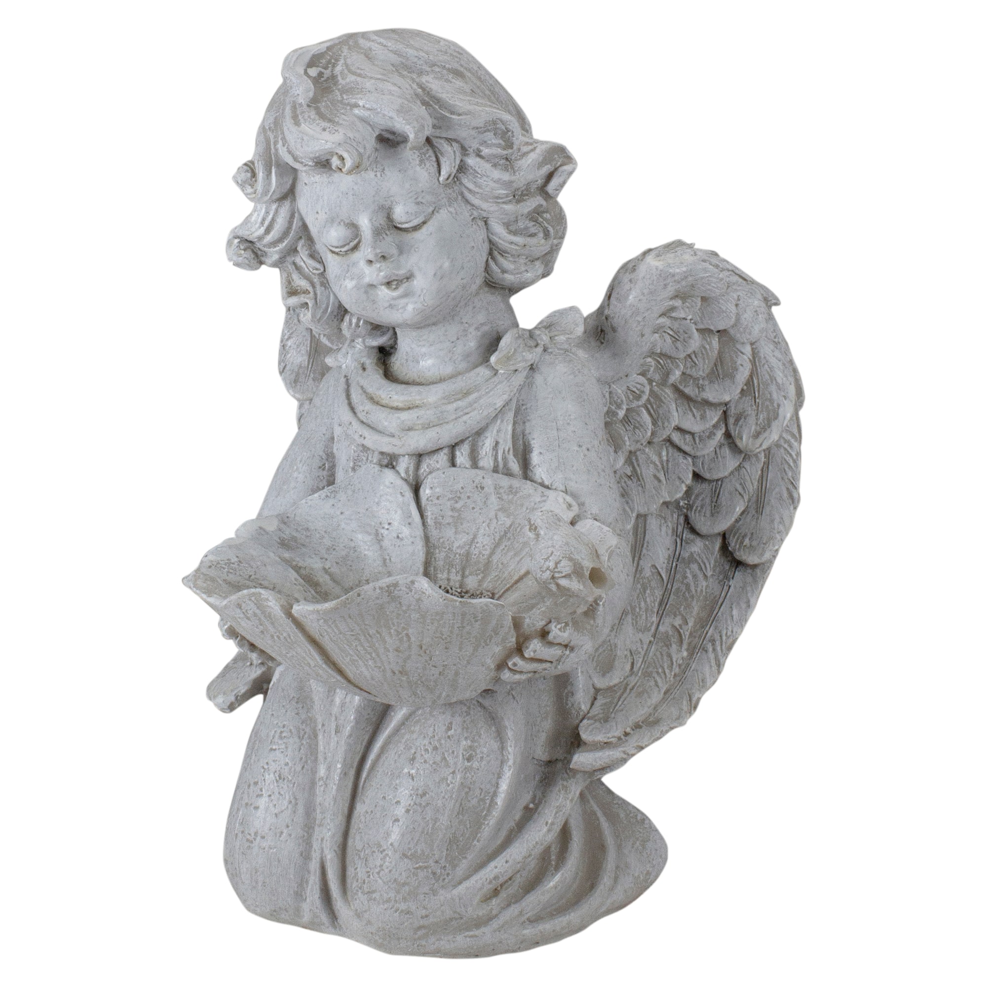 9.5&#x22; Heavenly Gardens Gray Distressed Kneeling Cherub Angel Bird Feeder Outdoor Garden Statue