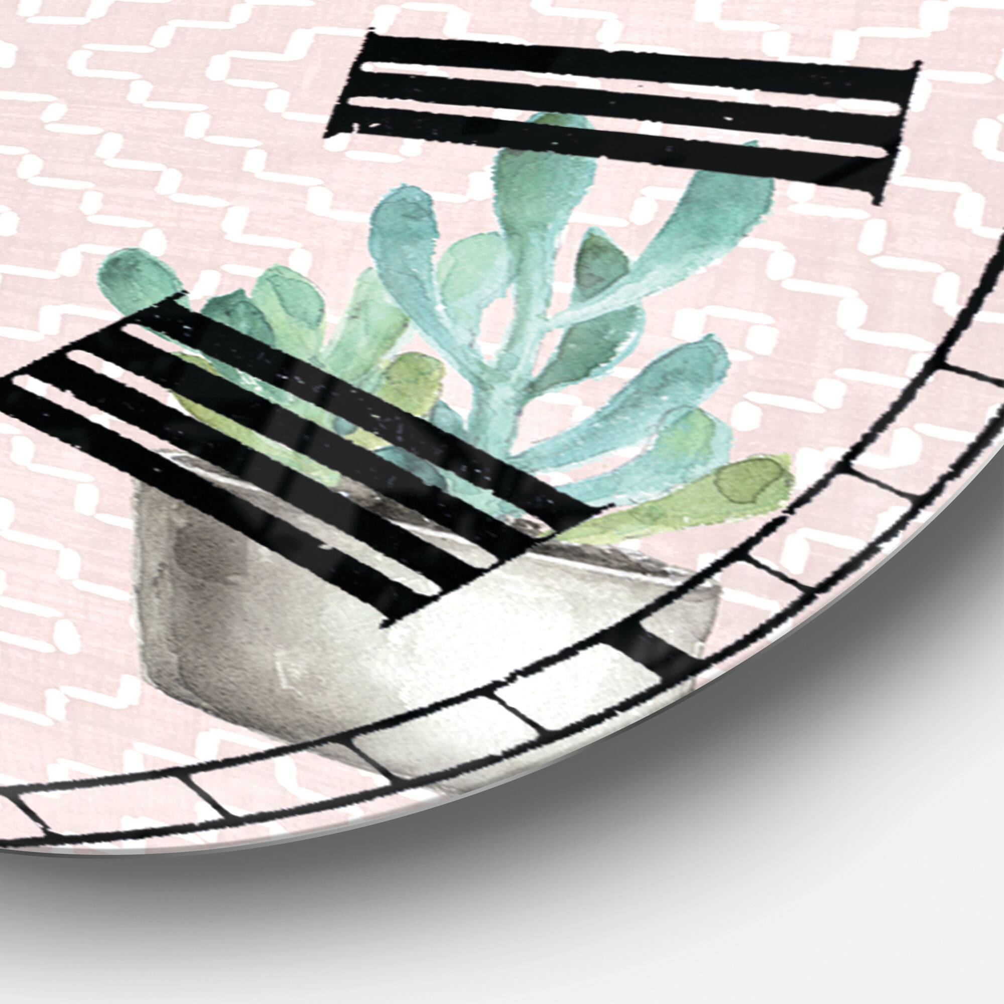 Designart 'Potted Cactus On Pink Geometrical Pattern Traditional Wall Clock