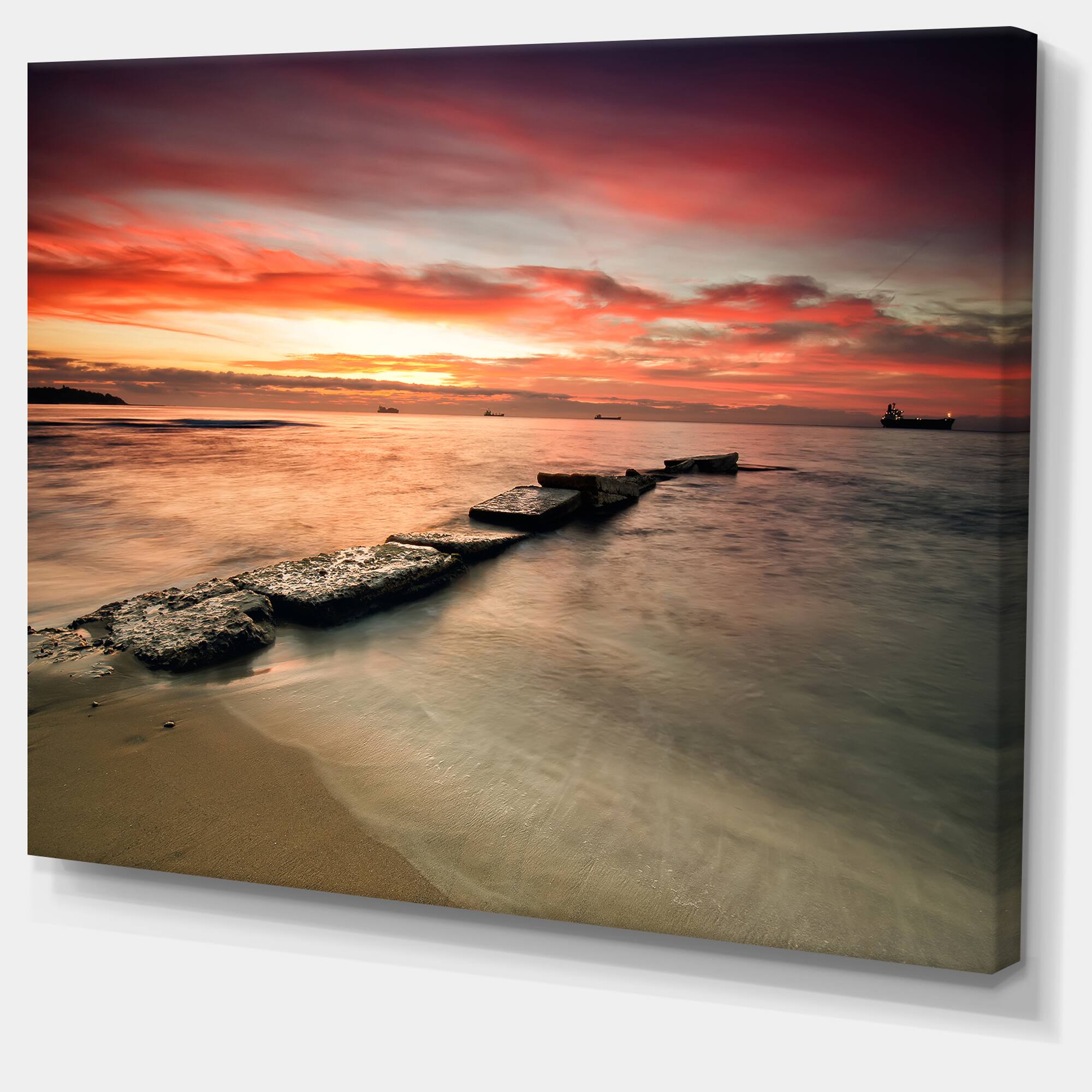 Designart - Wonderful Sunrise on Black Ocean - Beach Photo Canvas Print