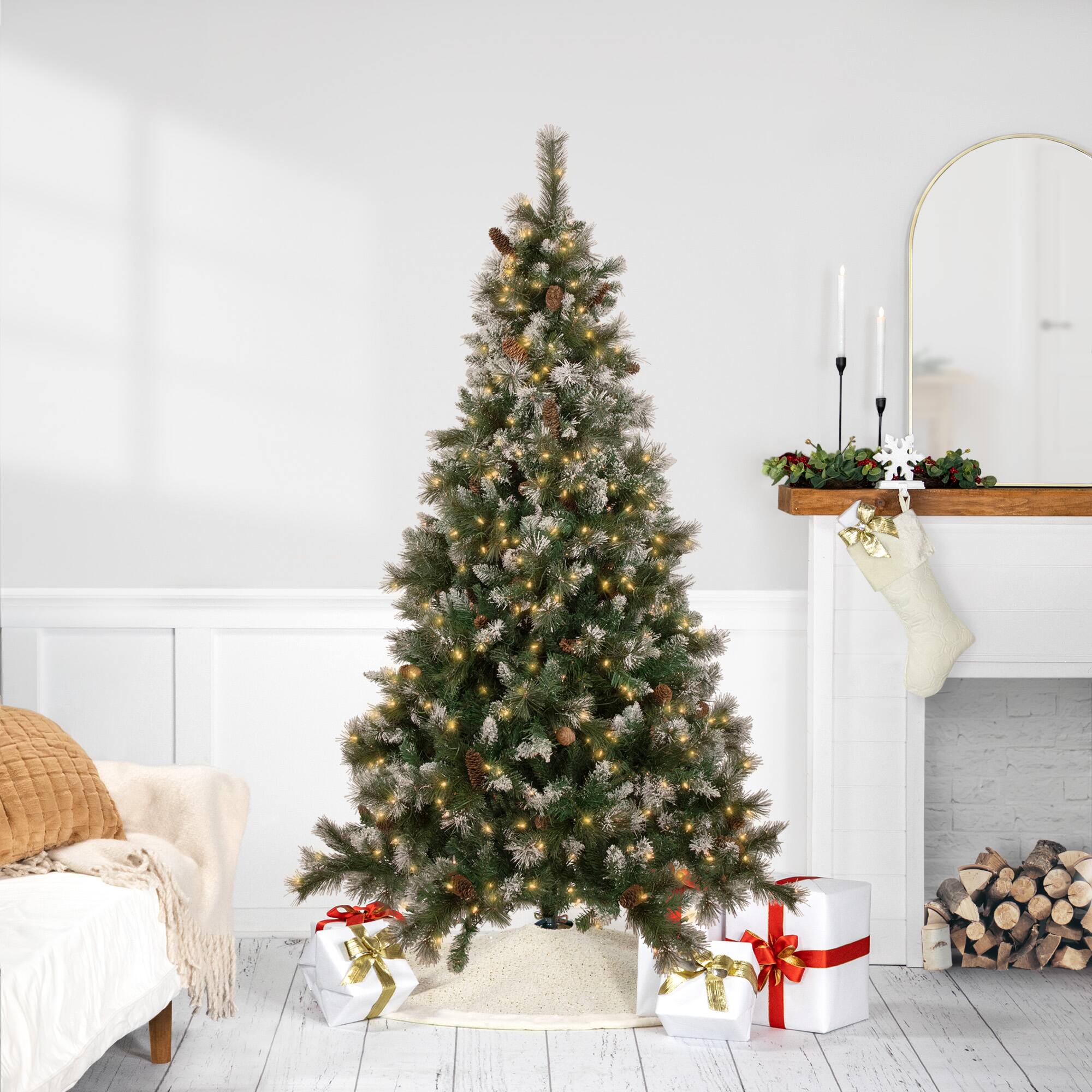6.5ft. Pre-Lit Snow Valley Pine Artificial Christmas Tree, Clear Lights