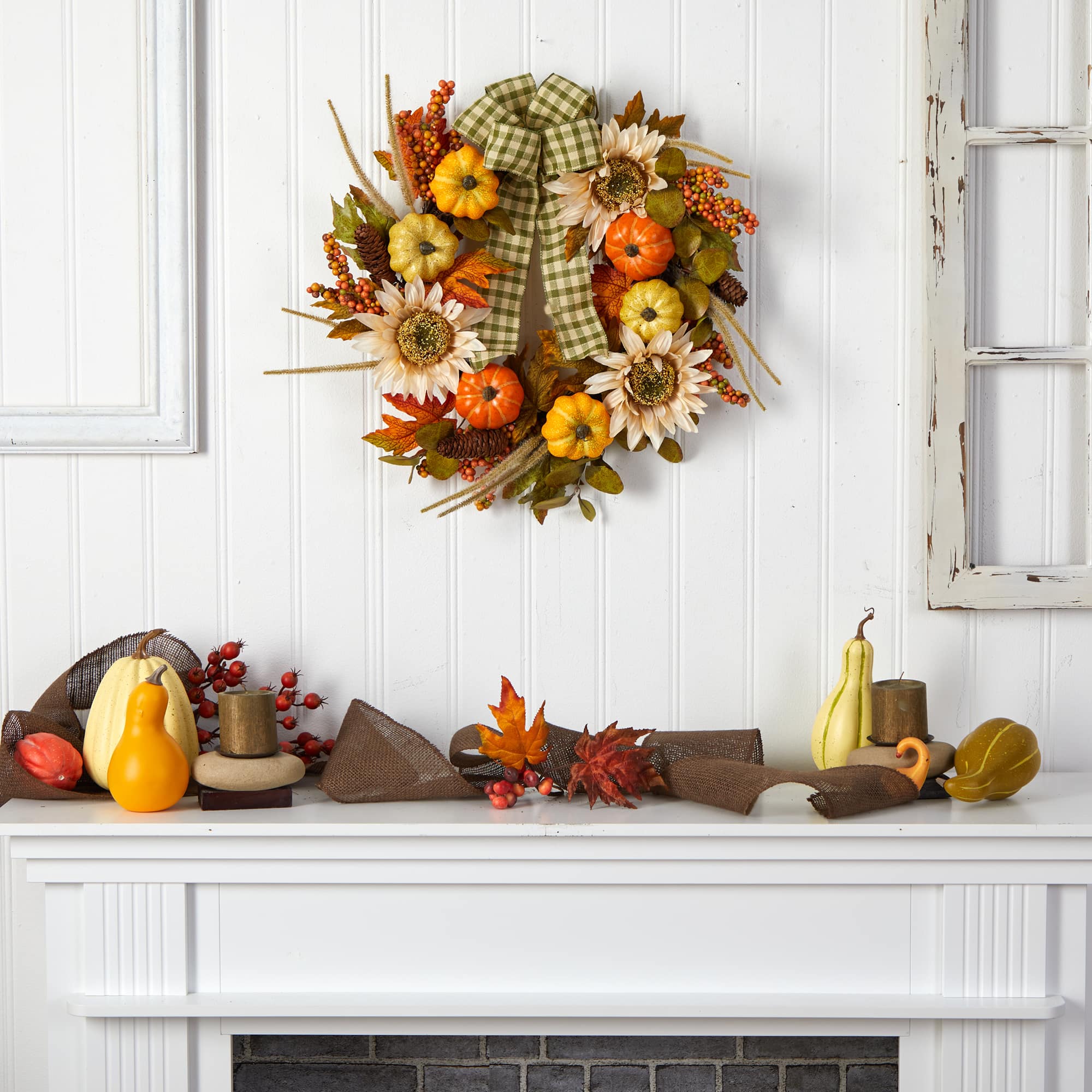 24&#x22; Pumpkin, Sunflower Artificial Autumn Wreath With Decorative Ribbon