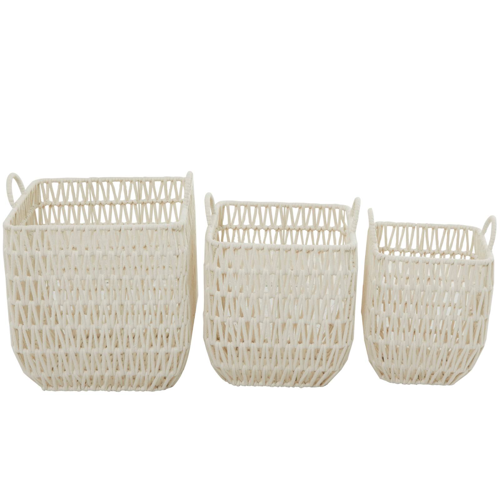 White Cotton Handmade Storage Basket with Handles Set of 3 18&#x22;, 16&#x22;, 15&#x22;