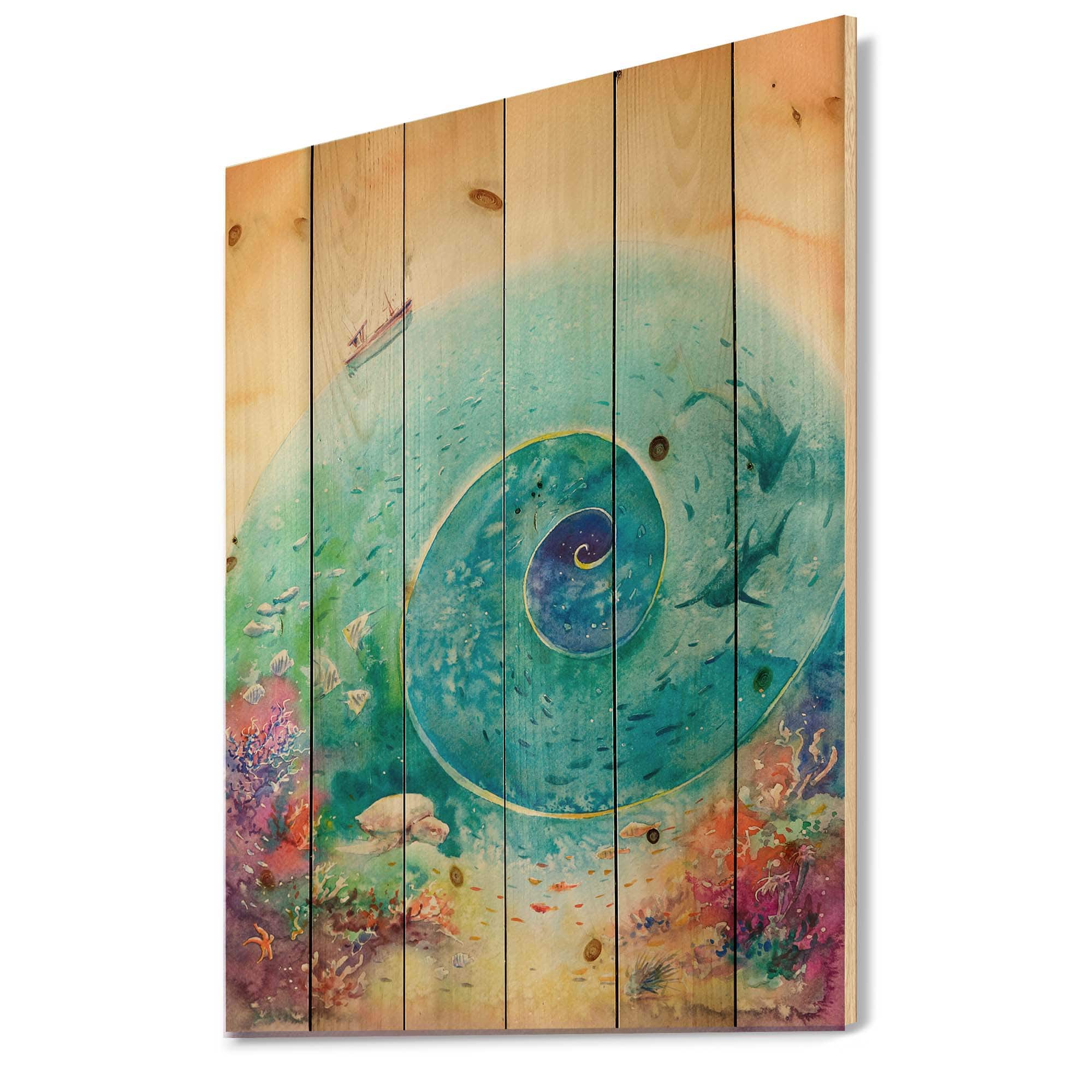 Designart - Turquoise Ocean Spiral With Coral Reef Fishes - Nautical & Coastal Print on Natural Pine Wood