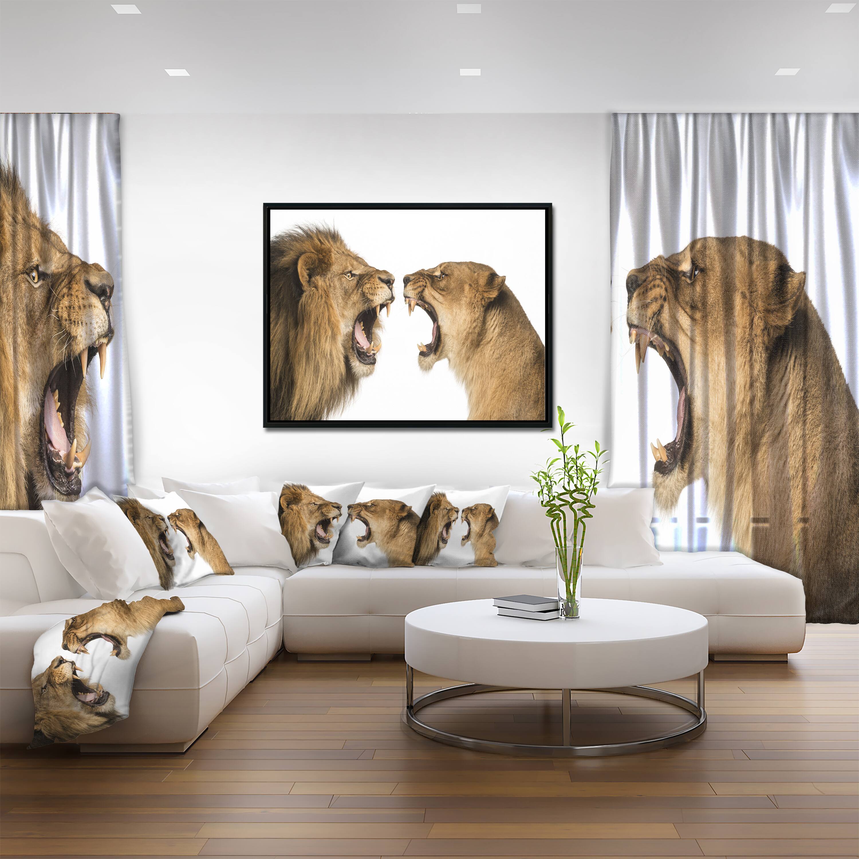 Designart - Lion and Lioness Roaring - Abstract Canvas Art Print in Black Frame