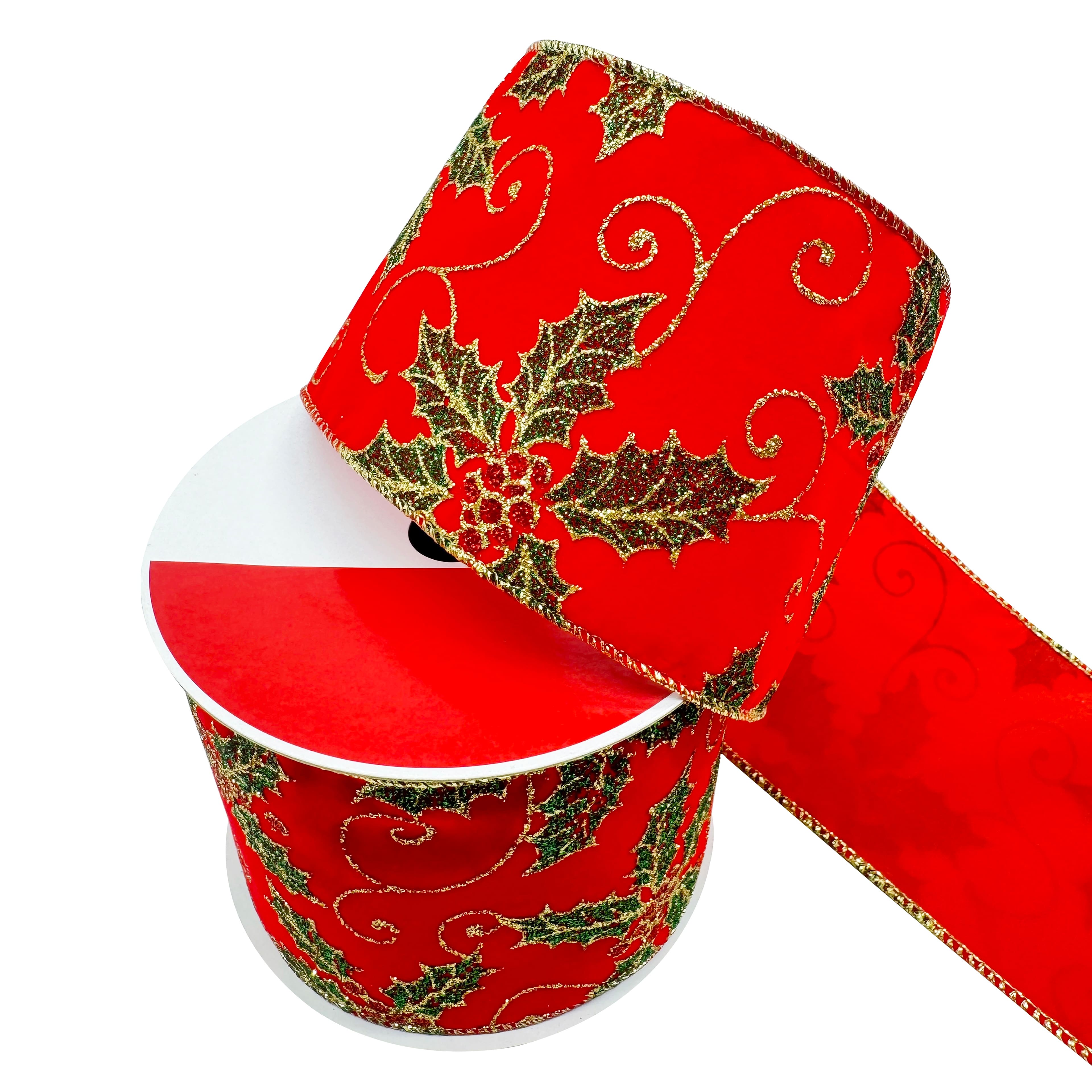 3.5&#x22; x 25ft. Red Glitter Holly Wired Ribbon by Celebrate It&#xAE;