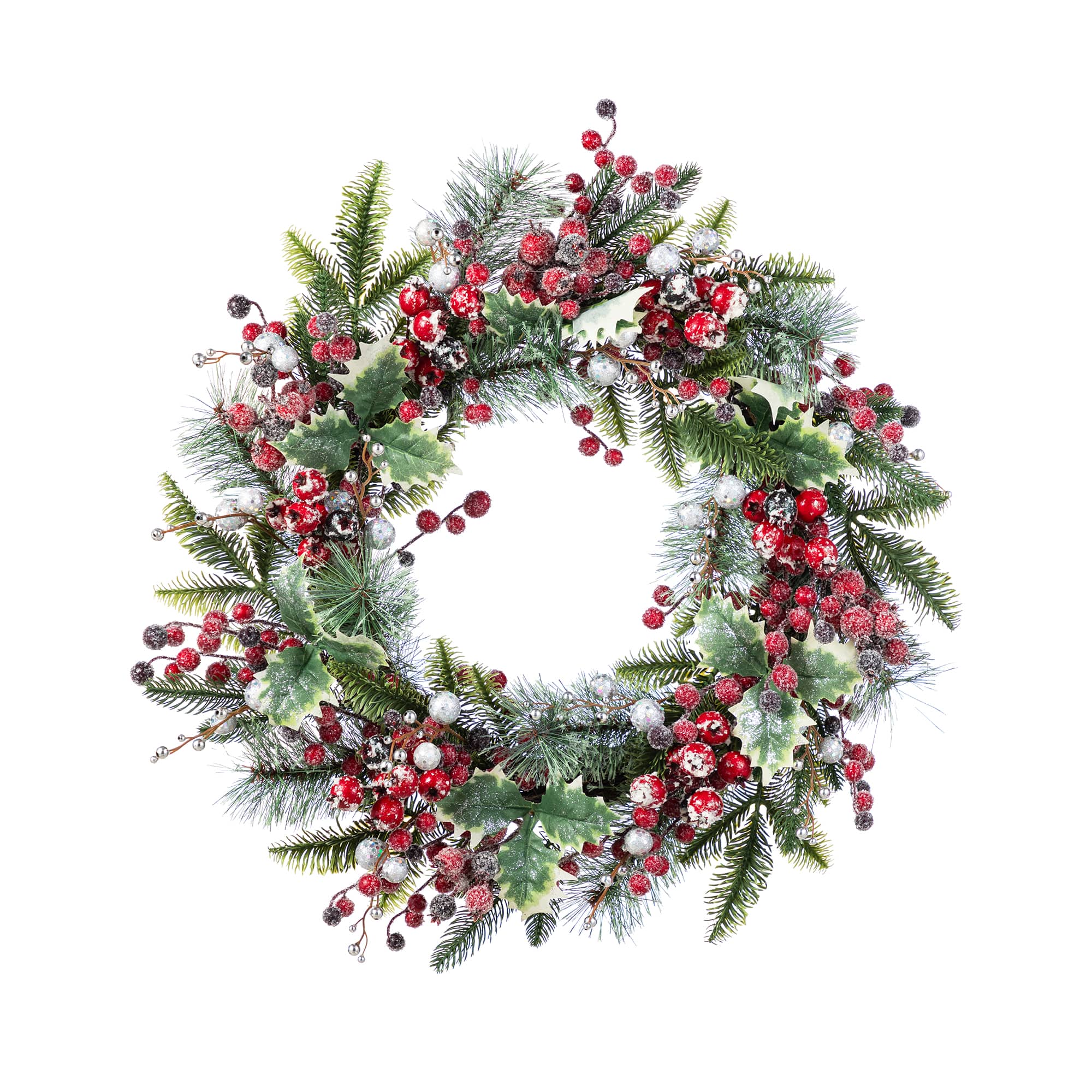 Glitzhome&#xAE; 24&#x22;D Christmas Red Pomegranate Berry &#x26; Holy Leaf Wreath