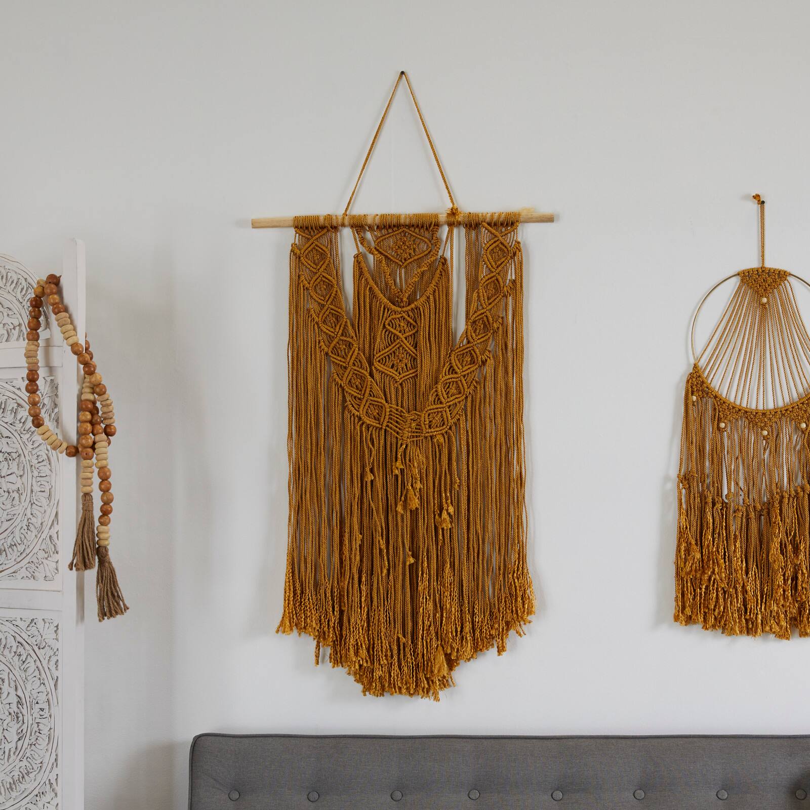 Brown Fabric Handmade Intricately Weaved Macrame Wall Decor with Beaded Fringe Tassels 27&#x22; x 1&#x22; x 49&#x22;