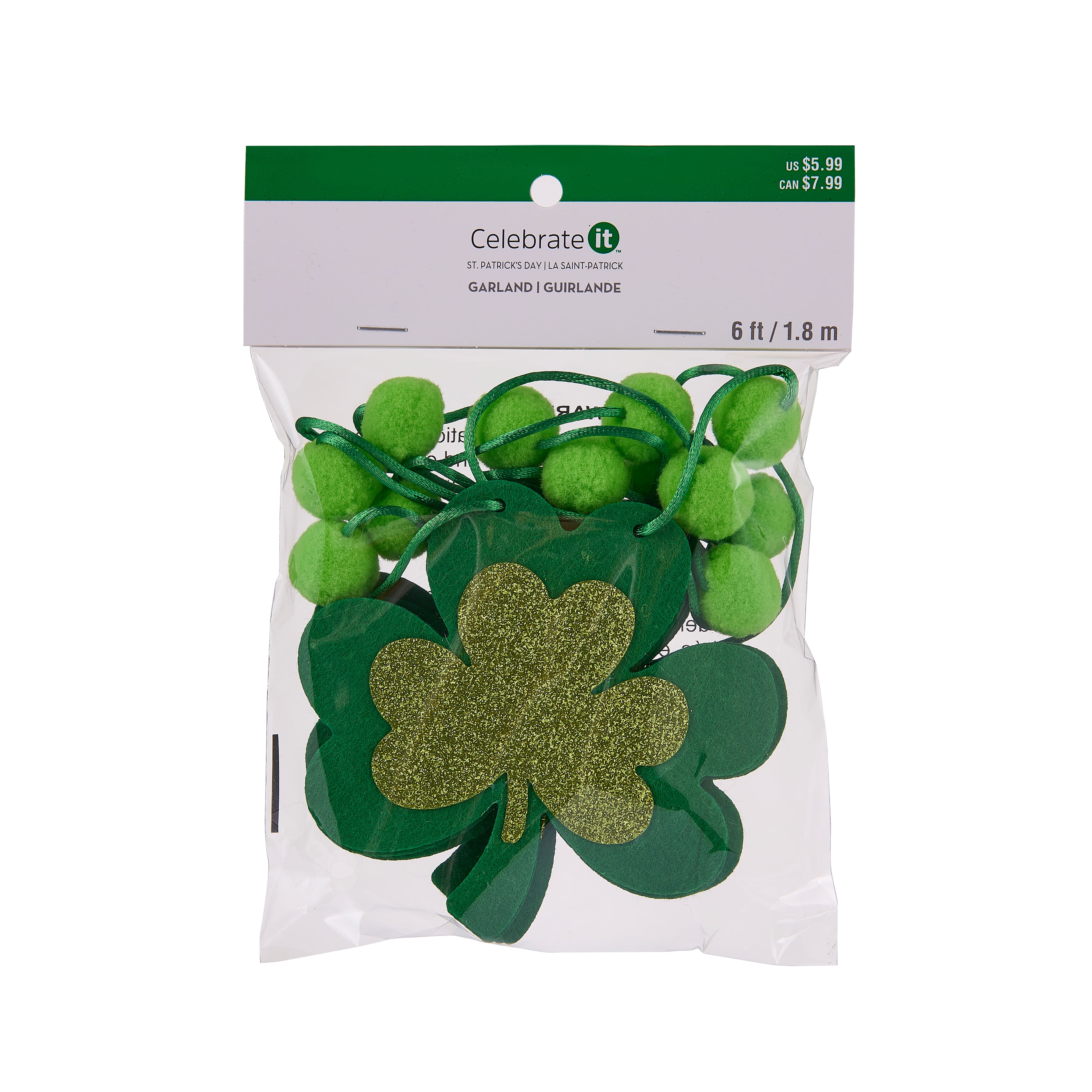 6ft. St. Patrick&#x27;s Day Shamrock &#x26; Pom Pom Garland by Celebrate It&#x2122;