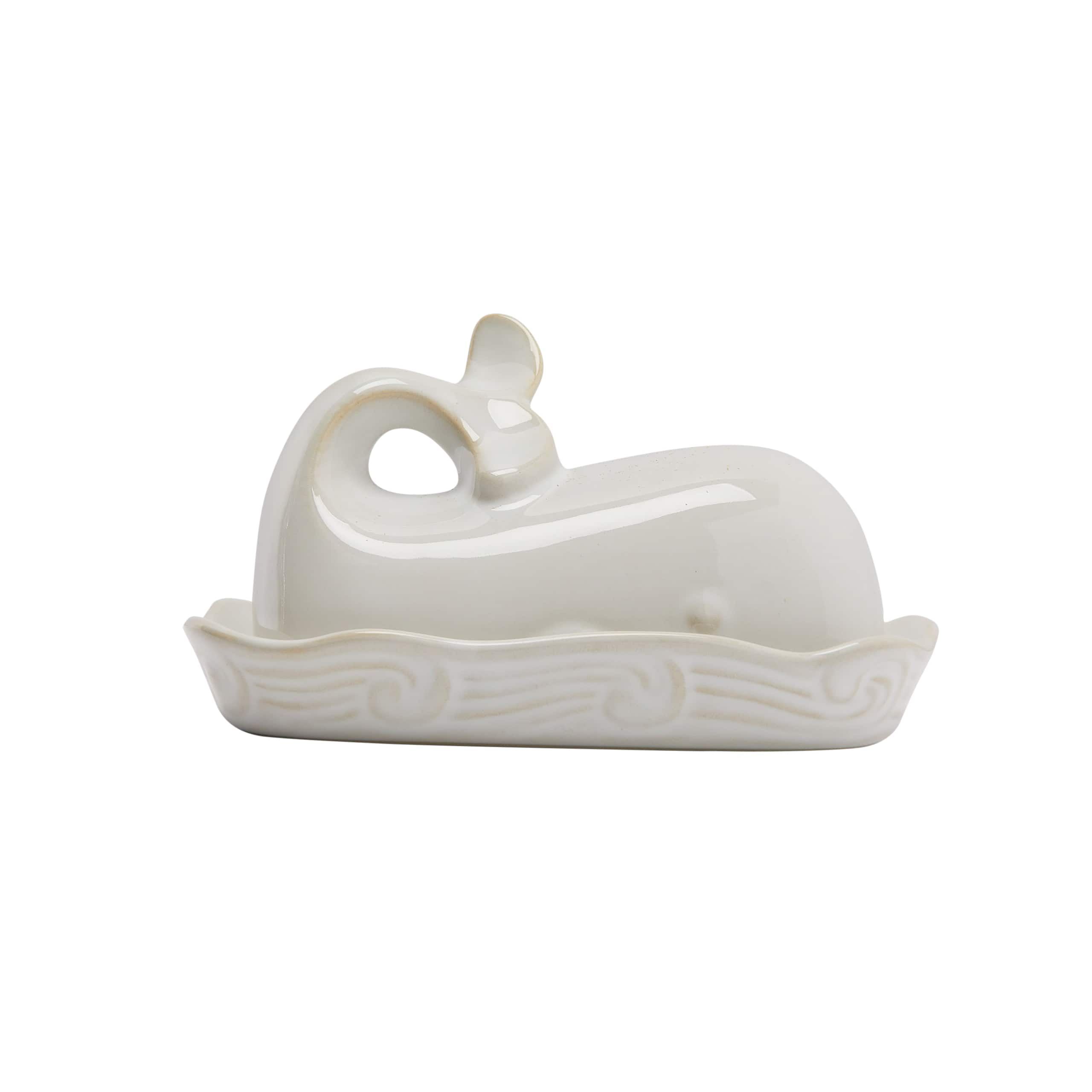 7&#x22; White Coastal Stoneware Whale Shaped Butter Dish