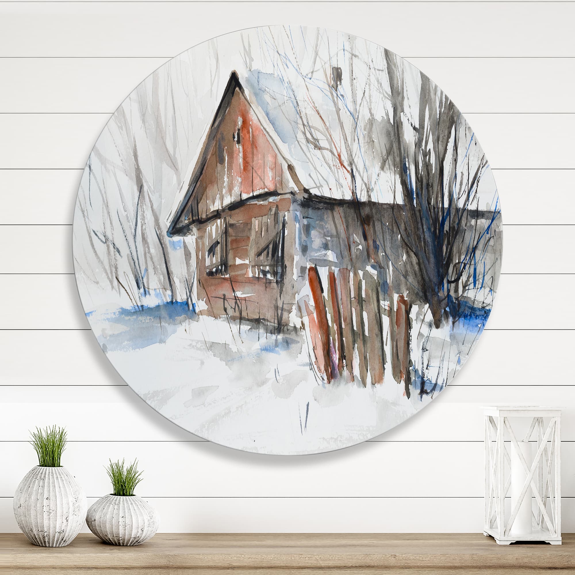 Designart - Old Abandoned Wooden House In Winter Picture - Traditional Metal Circle Wall Art