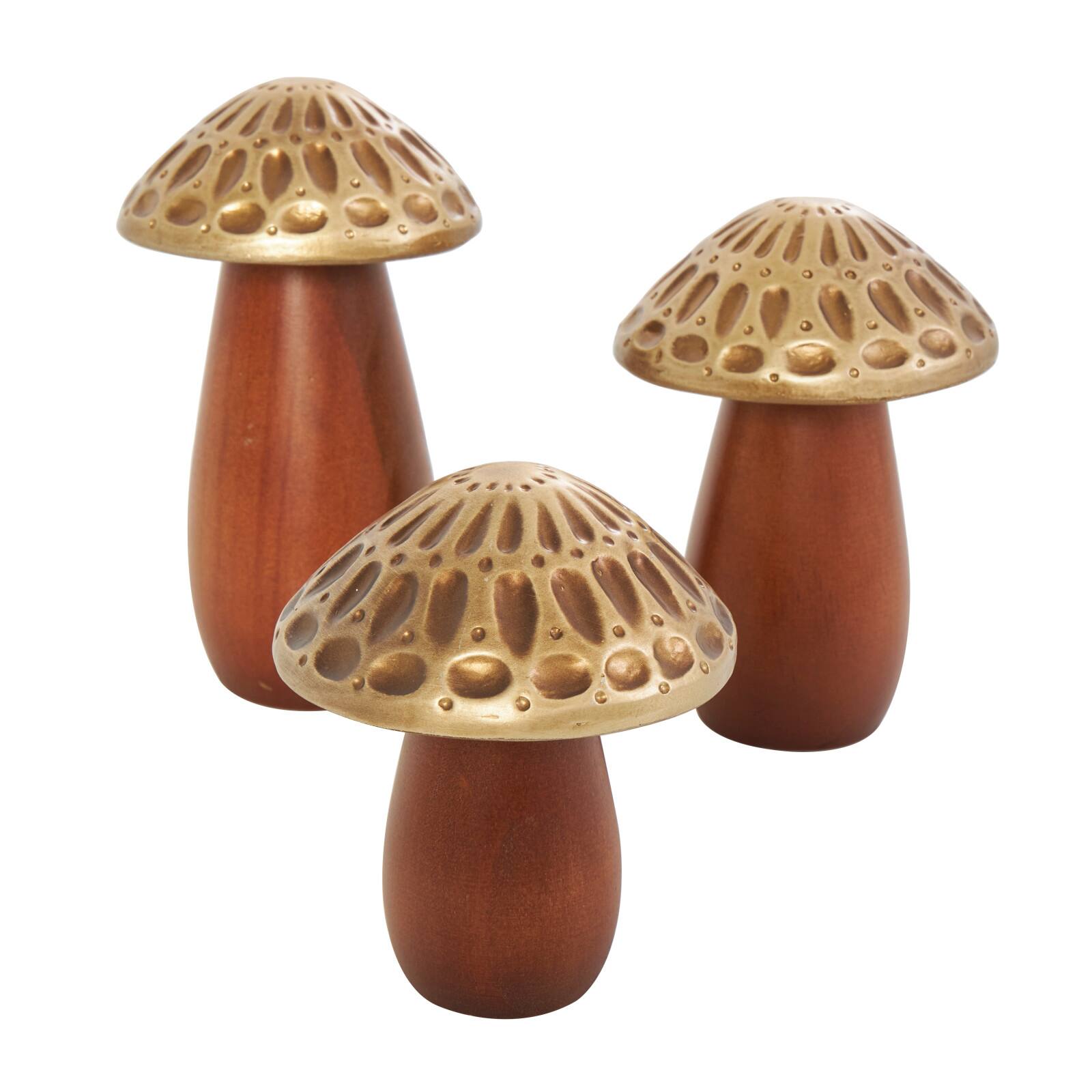 Brown & Gold Wood Mushroom Sculpture Set