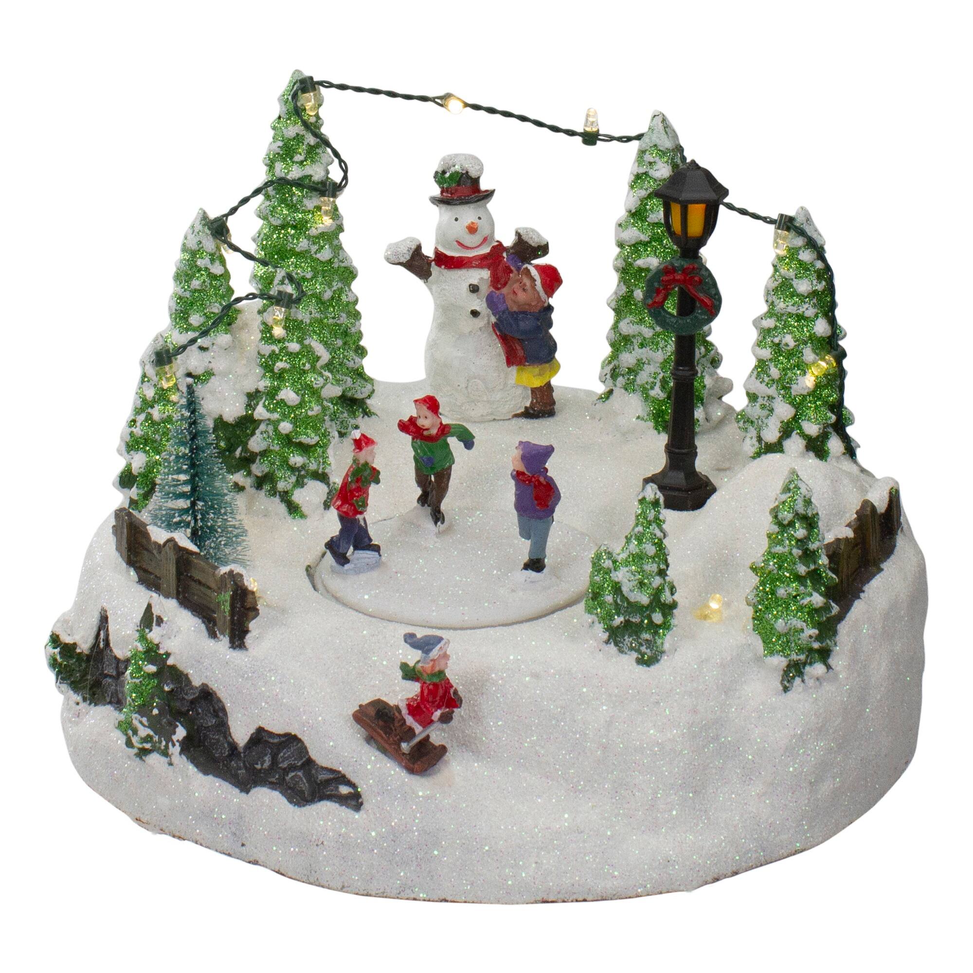 9&#x22; Lighted Christmas Scene with Moving Skaters &#x26; Snowman