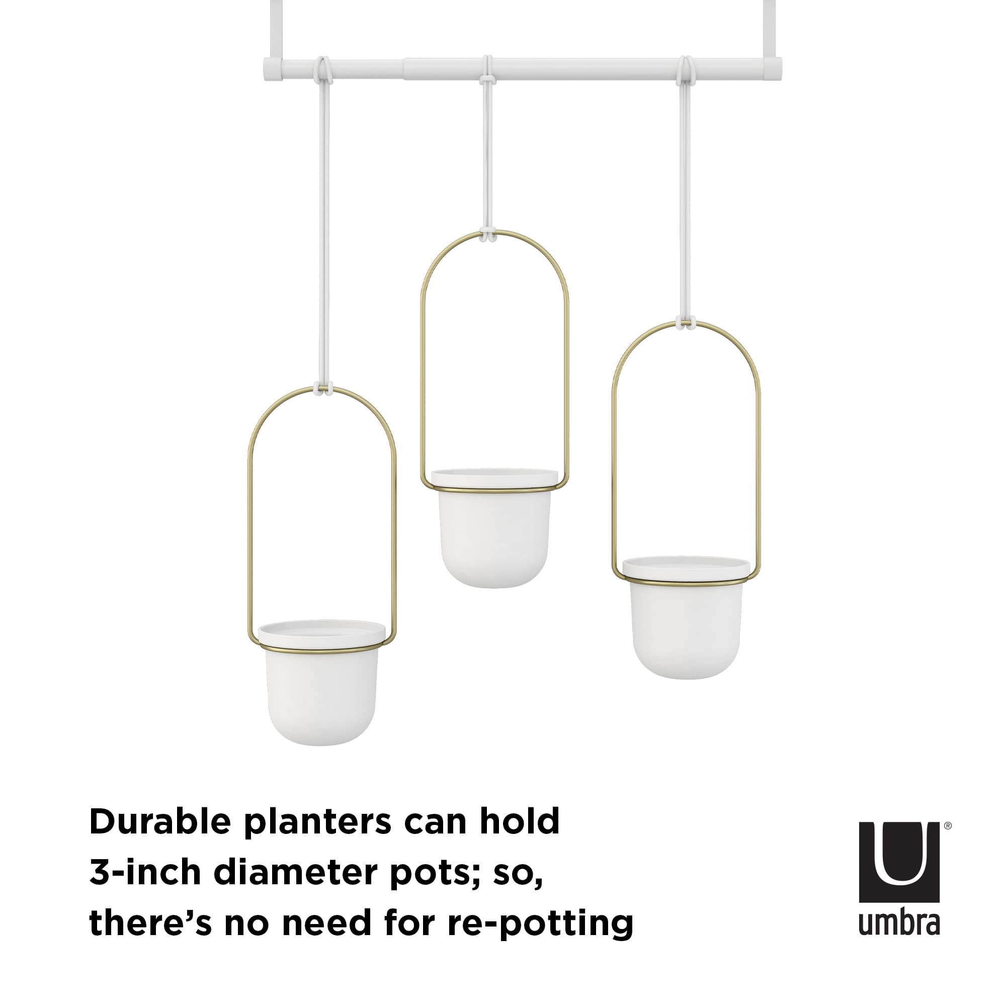Umbra White &#x26; Brass Triflora Hanging Planter Set