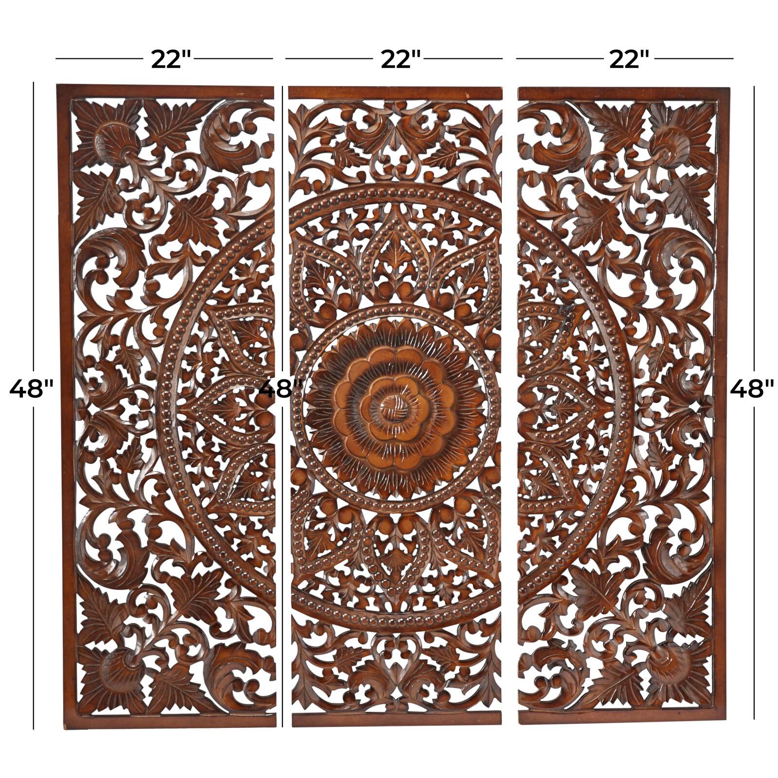Brown Wood Handmade Intricately Carved Floral Wall Decor with Mandala Design Set of 3 22&#x22;, 48&#x22;