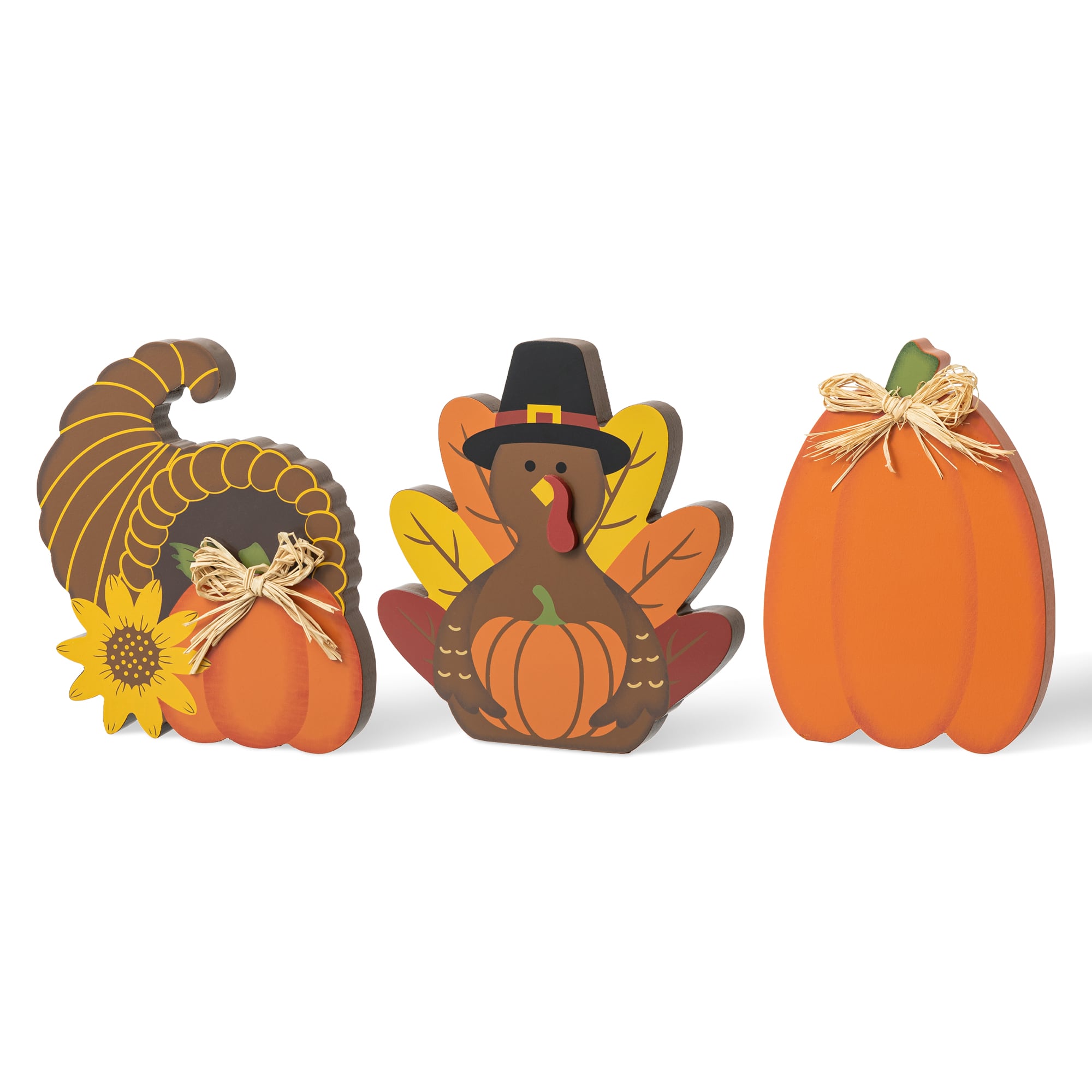Glitzhome&#xAE; 7&#x22; Thanksgiving Wooden Pumpkin, Turkey &#x26; Croissant Table D&#xE9;cor Set