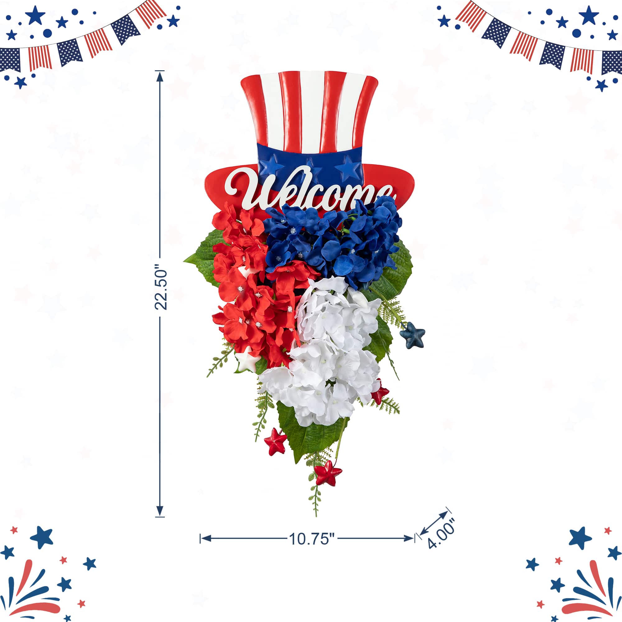 Glitzhome&#xAE; 22.5&#x22; Patriotic Americana Metal Top Hat &#x26; Hydrangea Swag Wall D&#xE9;cor