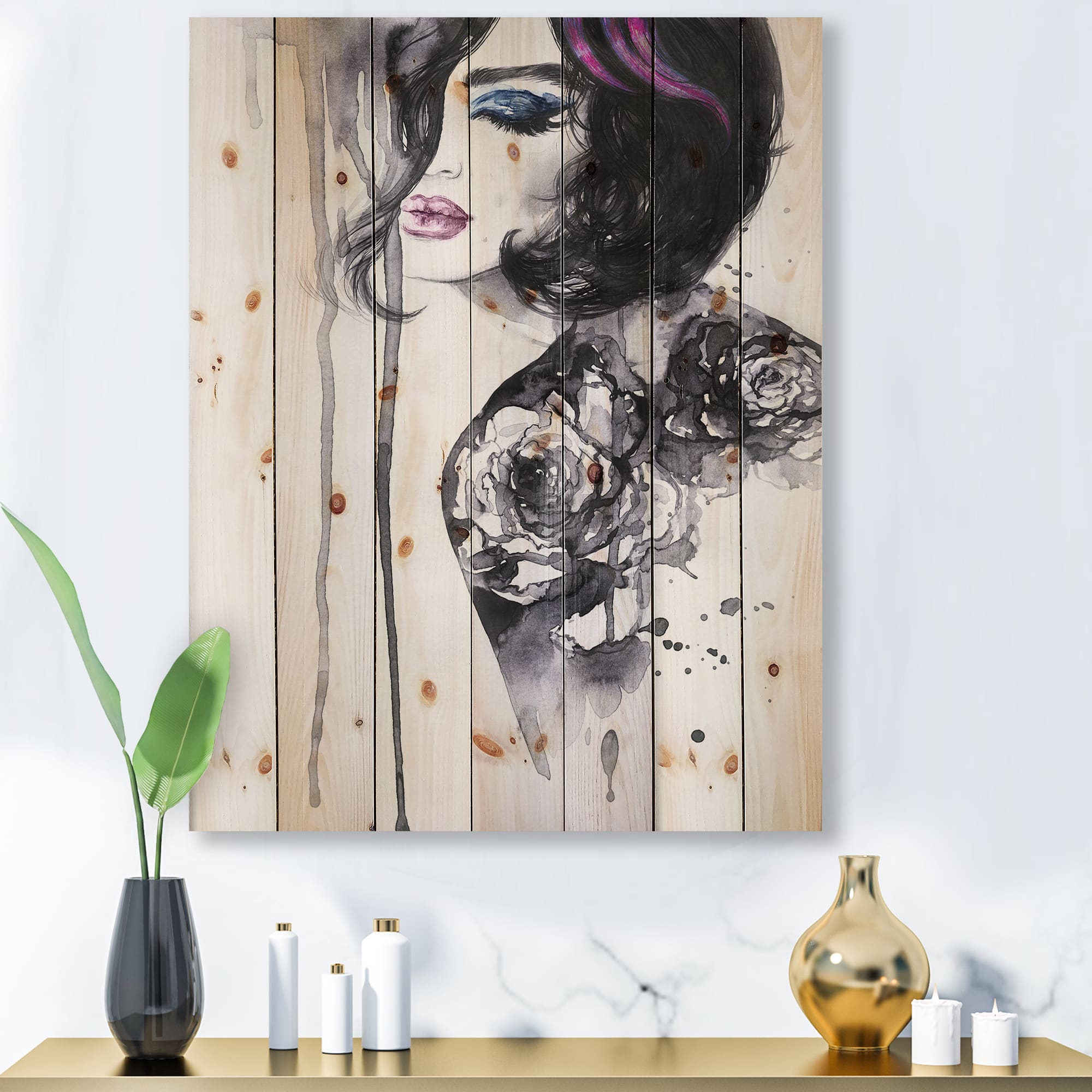 Designart - Painting Female Portrait - Modern Print on Natural Pine Wood