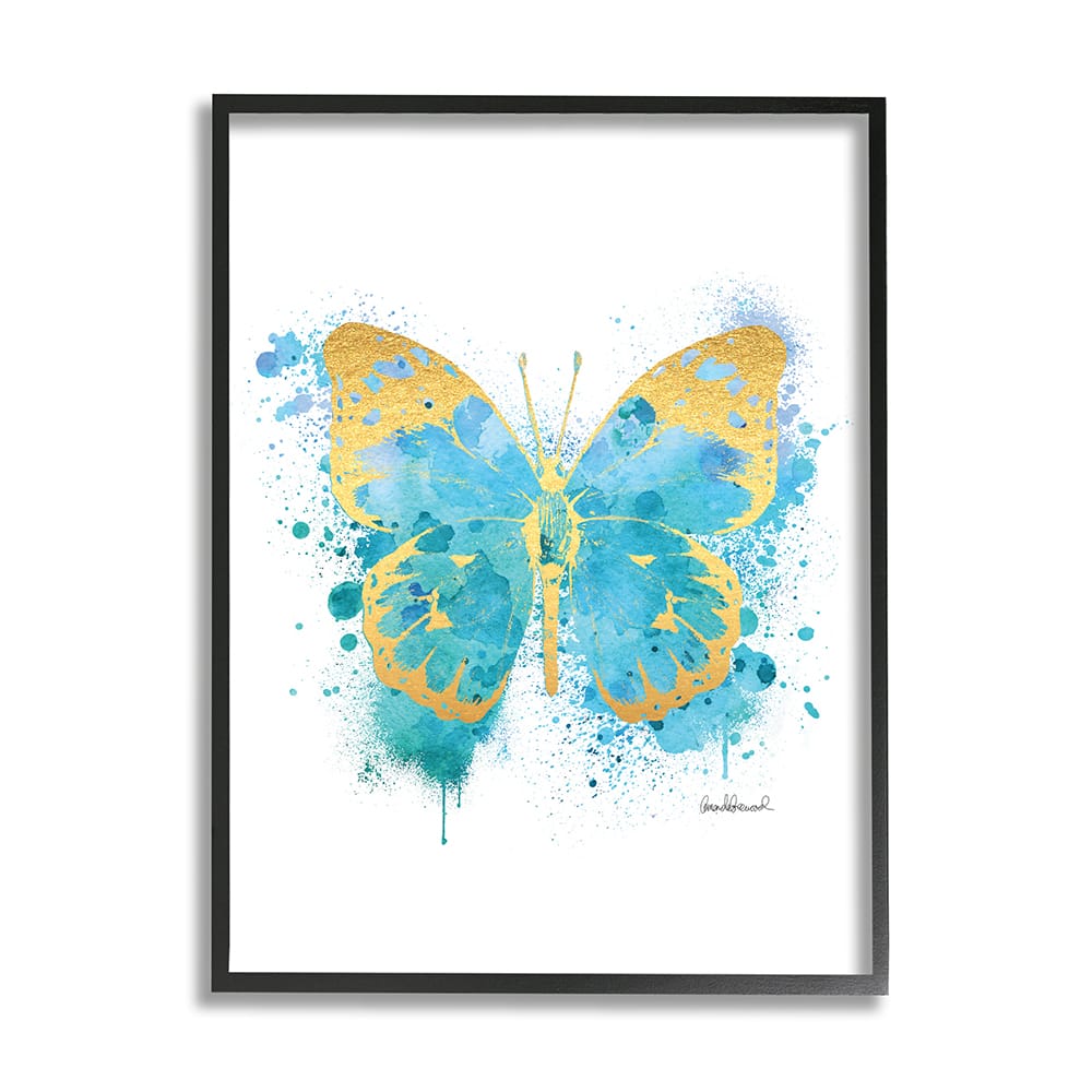 Stupell Industries Abstract Butterfly Turquoise Blue Paint Splatter in Black Frame Wall Art