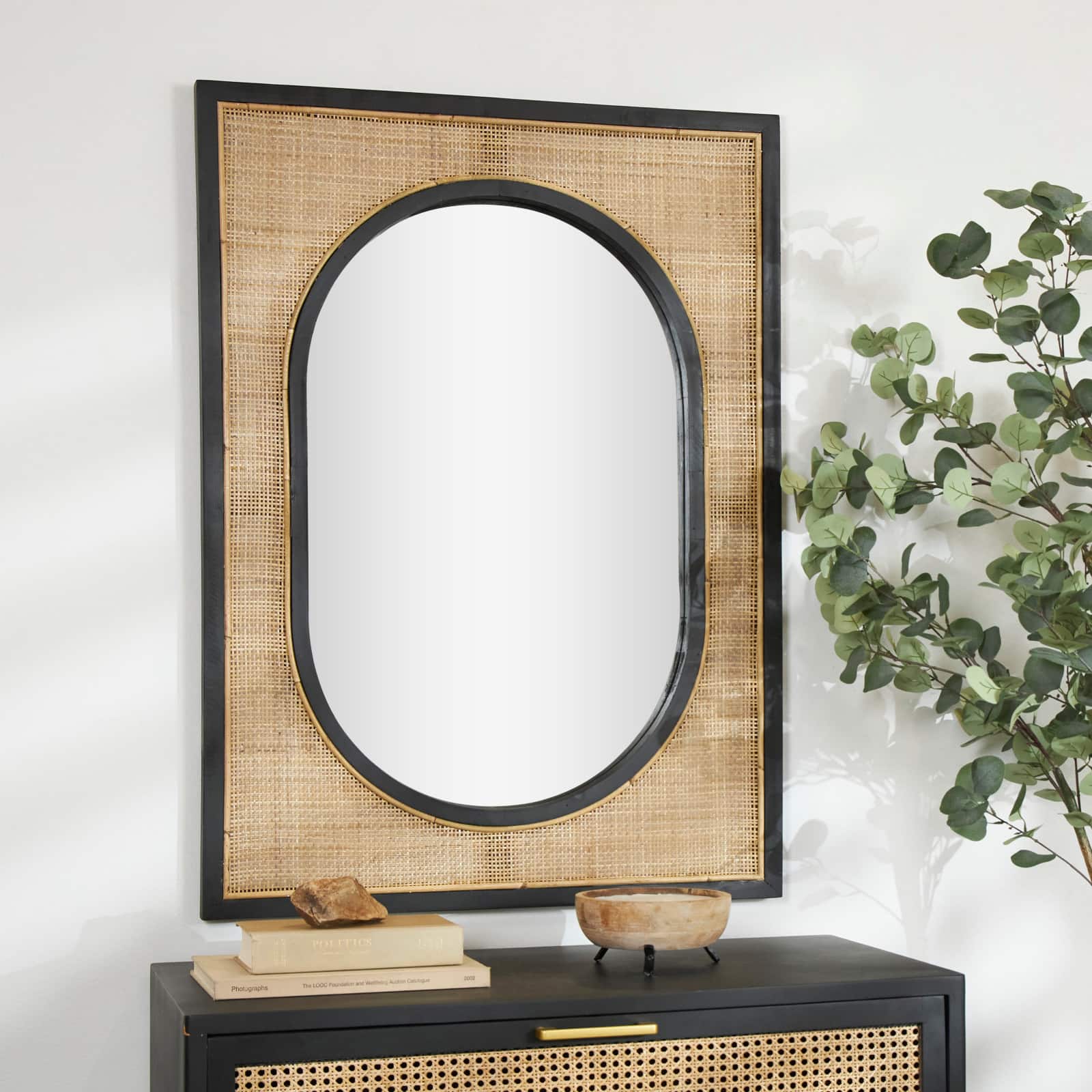 42" Brown Rattan Wall Mirror with Black Accent Frame