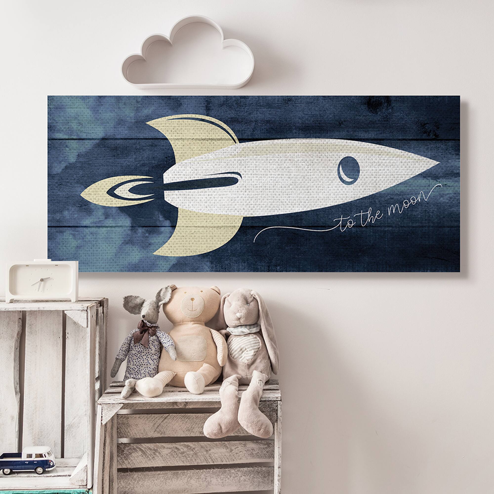 Stupell Industries To The Moon Phrase Rustic Space Ship Blue Canvas Wall Art