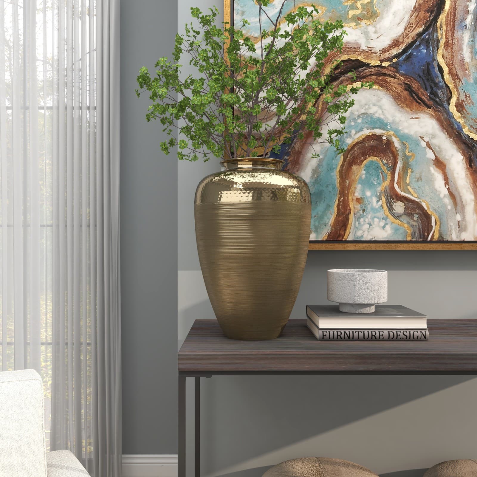 18" Gold Aluminum Brushed Vase with Hammered Top