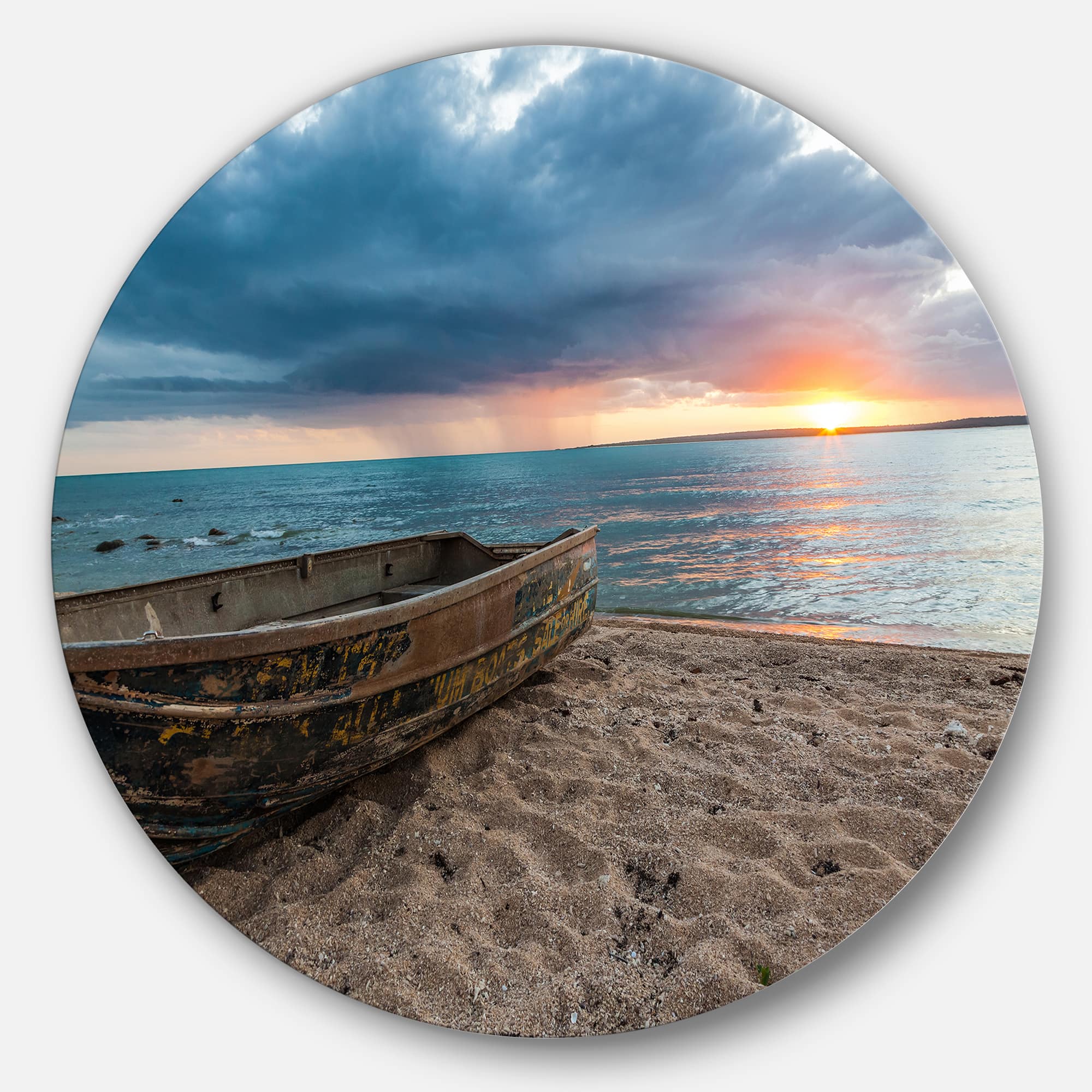 Designart - Rusty Row Boat on Sand at Sunset' Extra Large Seascape Metal Wall Decor