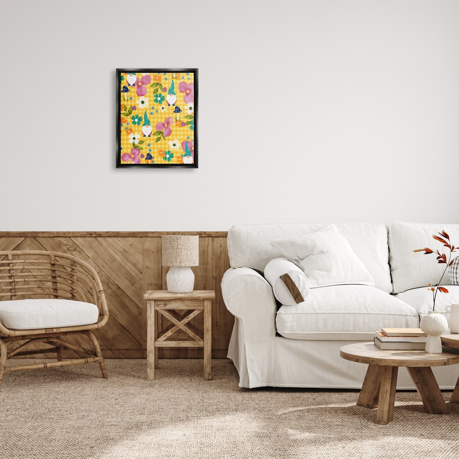 Stupell Industries Yellow Tartan Patterned Spring Gnomes Mushrooms Floater Framed Art